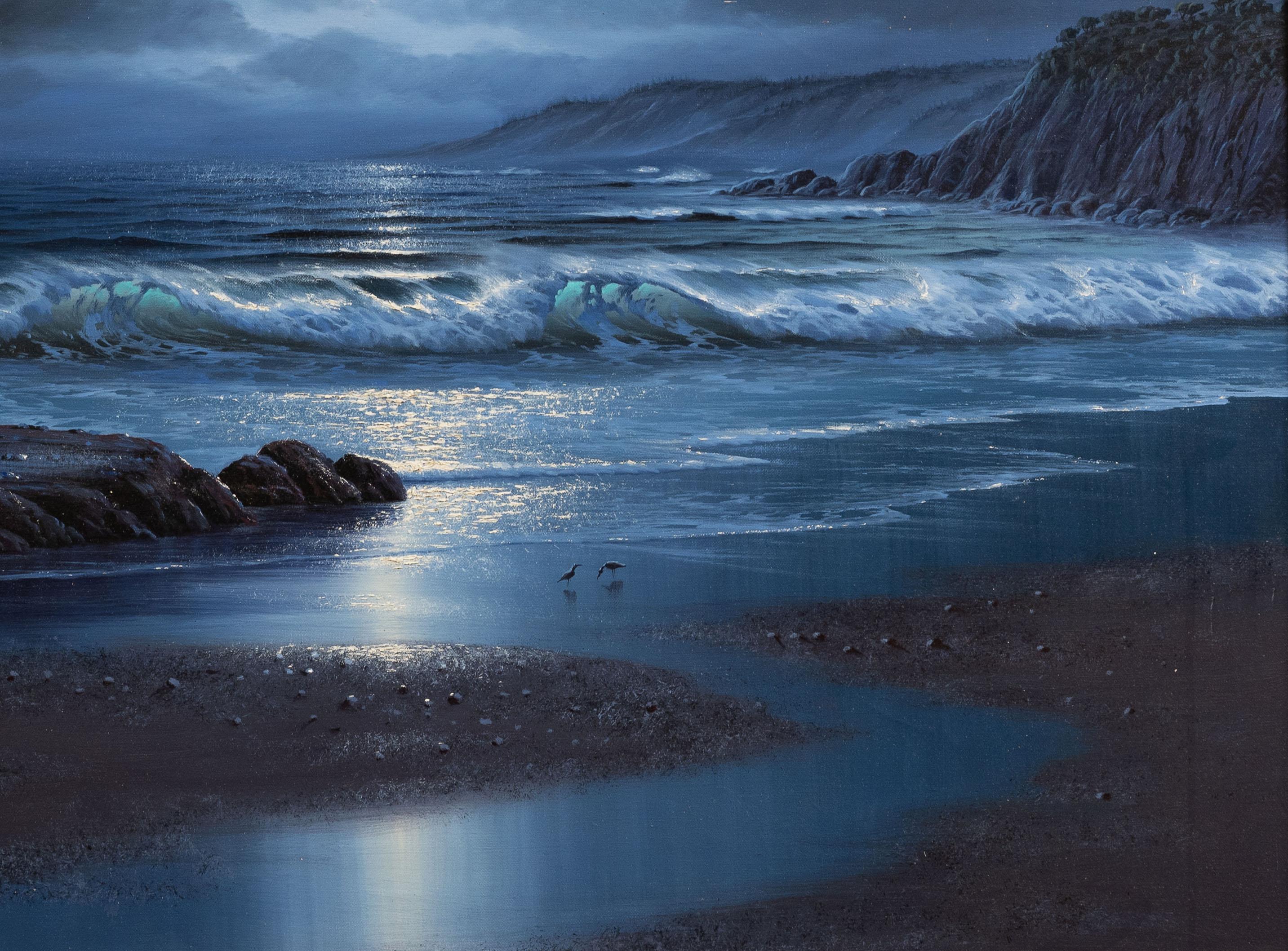 California Scena di spiaggia al chiaro di luna incorniciata Pittura ad olio notturna di grandi dimensioni 2
