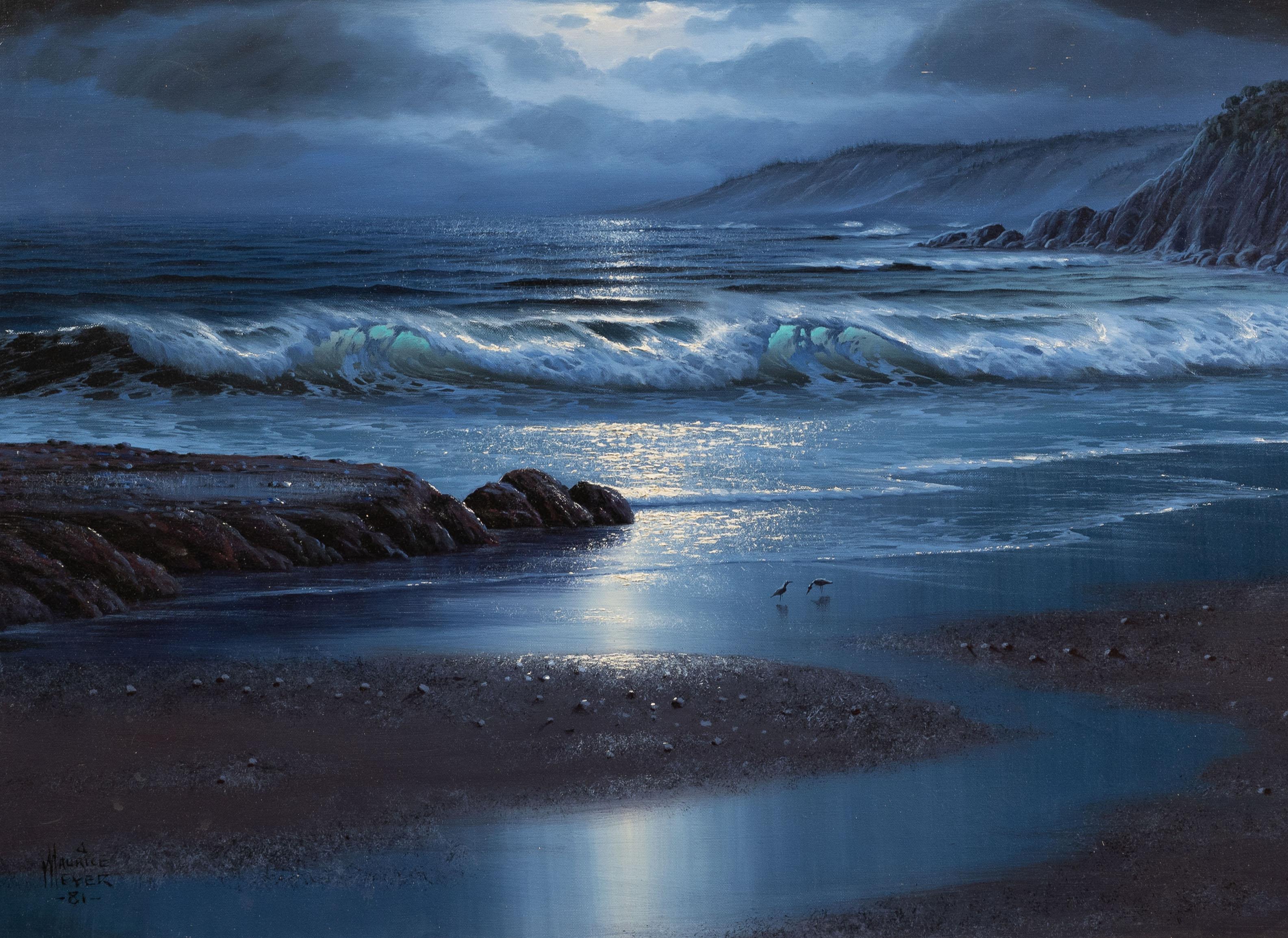 California Scena di spiaggia al chiaro di luna incorniciata Pittura ad olio notturna di grandi dimensioni 3