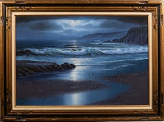 California Moonlit Coastal Beach Scene Framed Large Nocturnal Oil Painting