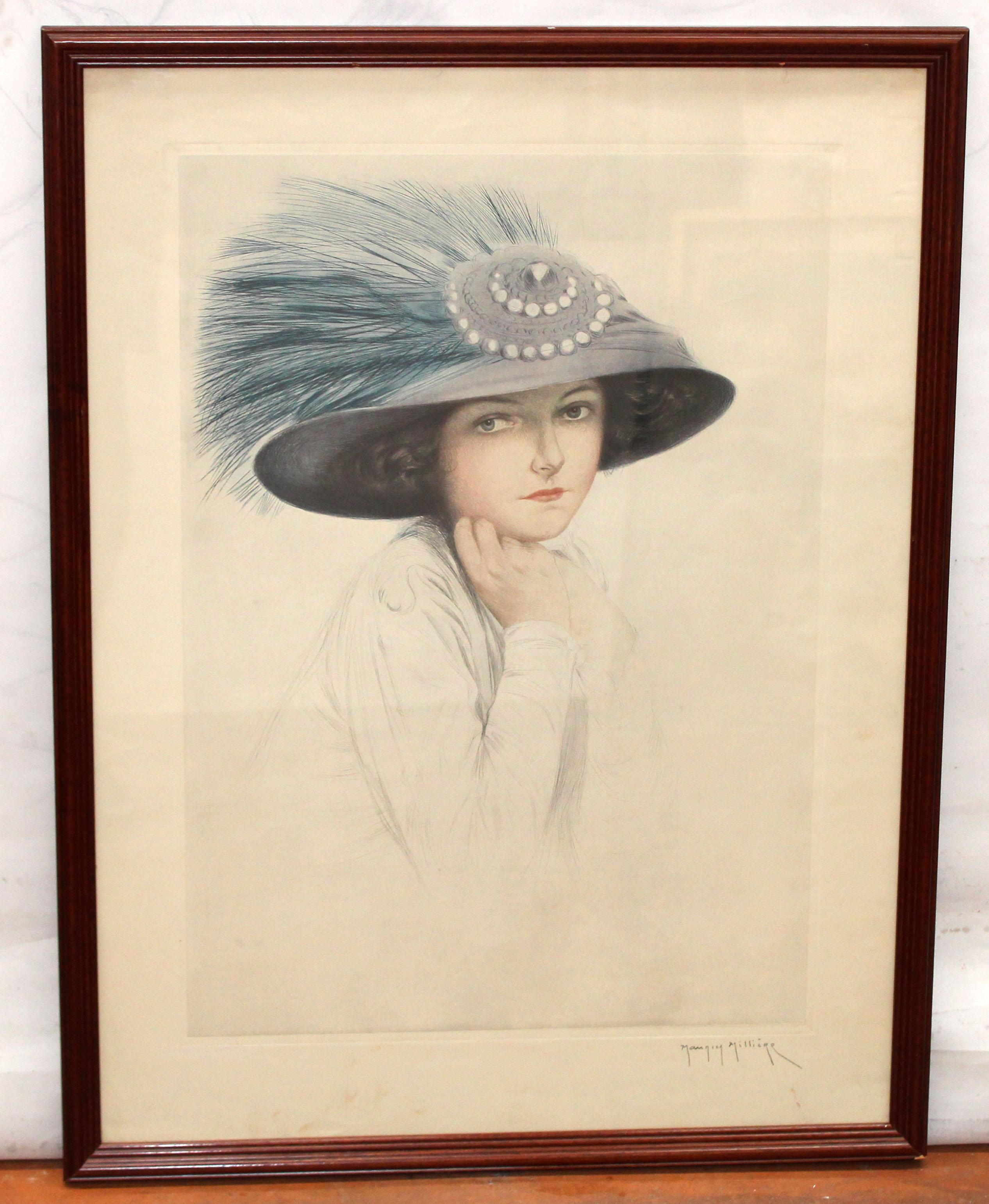 Grabado Firmado a mano – Joven con pamela – Print von Maurice Milliere