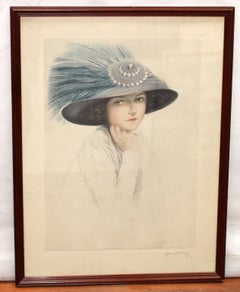 Grabado firmado a mano - Joven con pamela