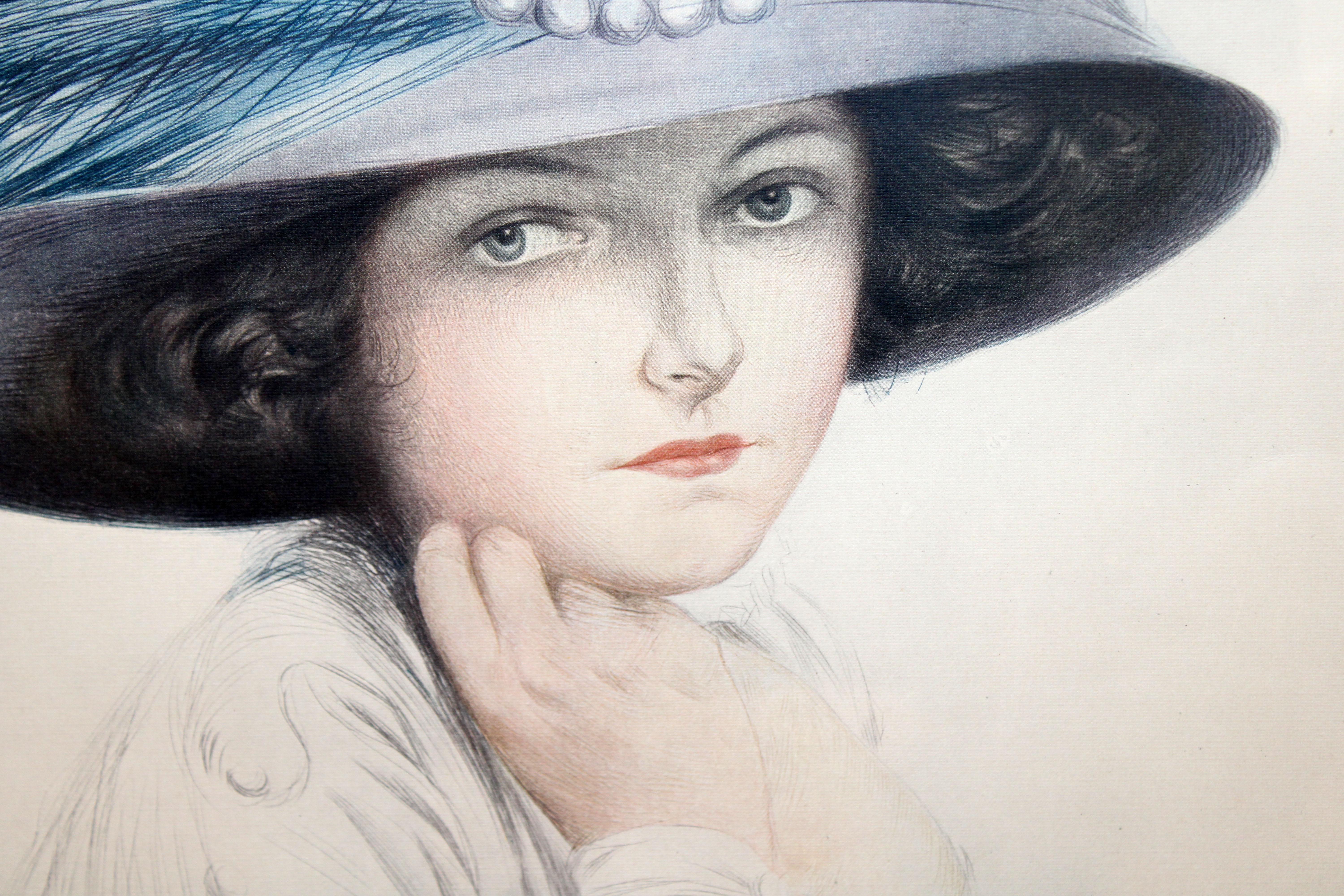Grabado Firmado a mano – Joven con pamela (Beige), Portrait Print, von Maurice Milliere