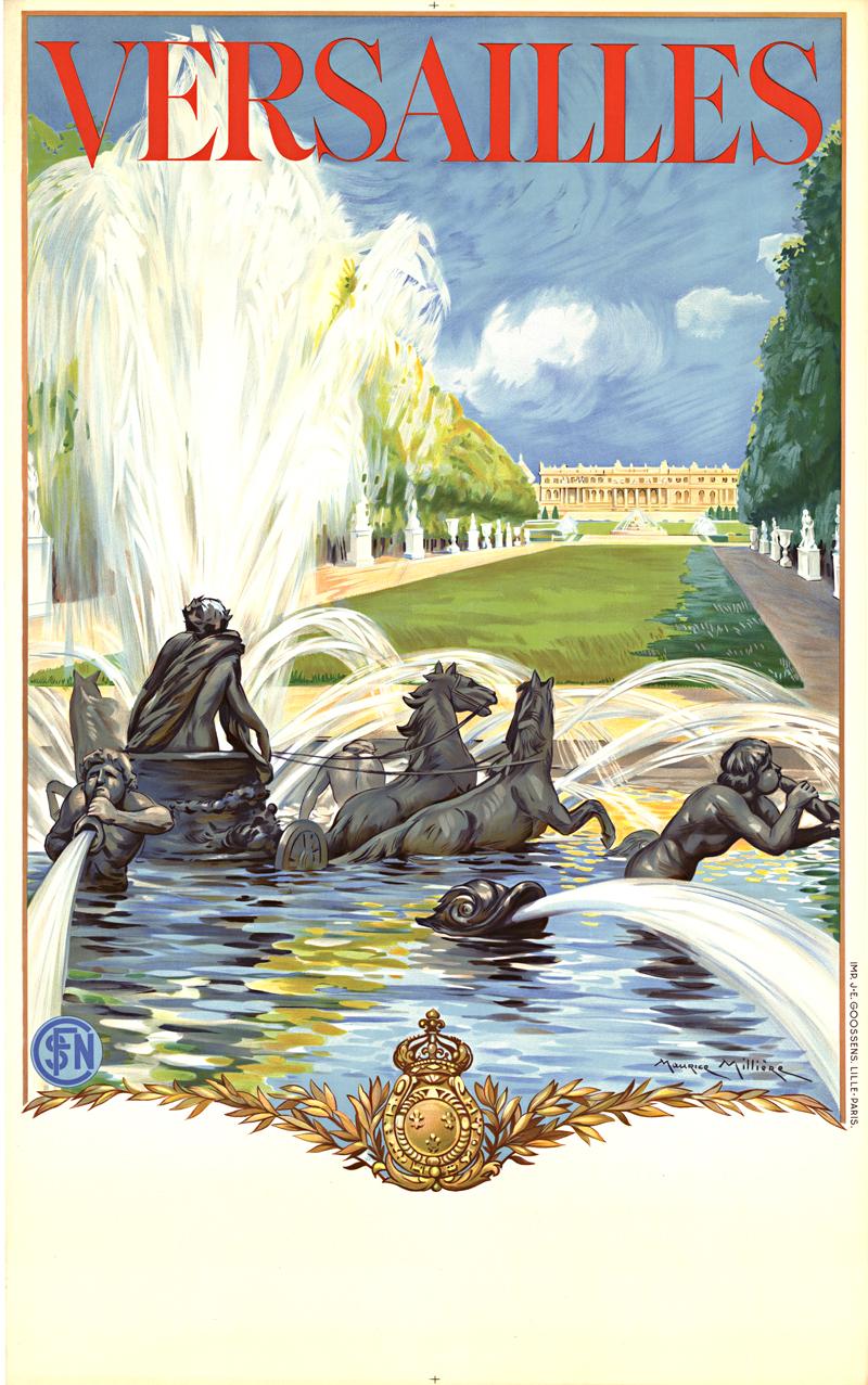 Landscape Print Maurice Milliere - Versailles (France) lithographie originale affiche de voyage SNCF vintage