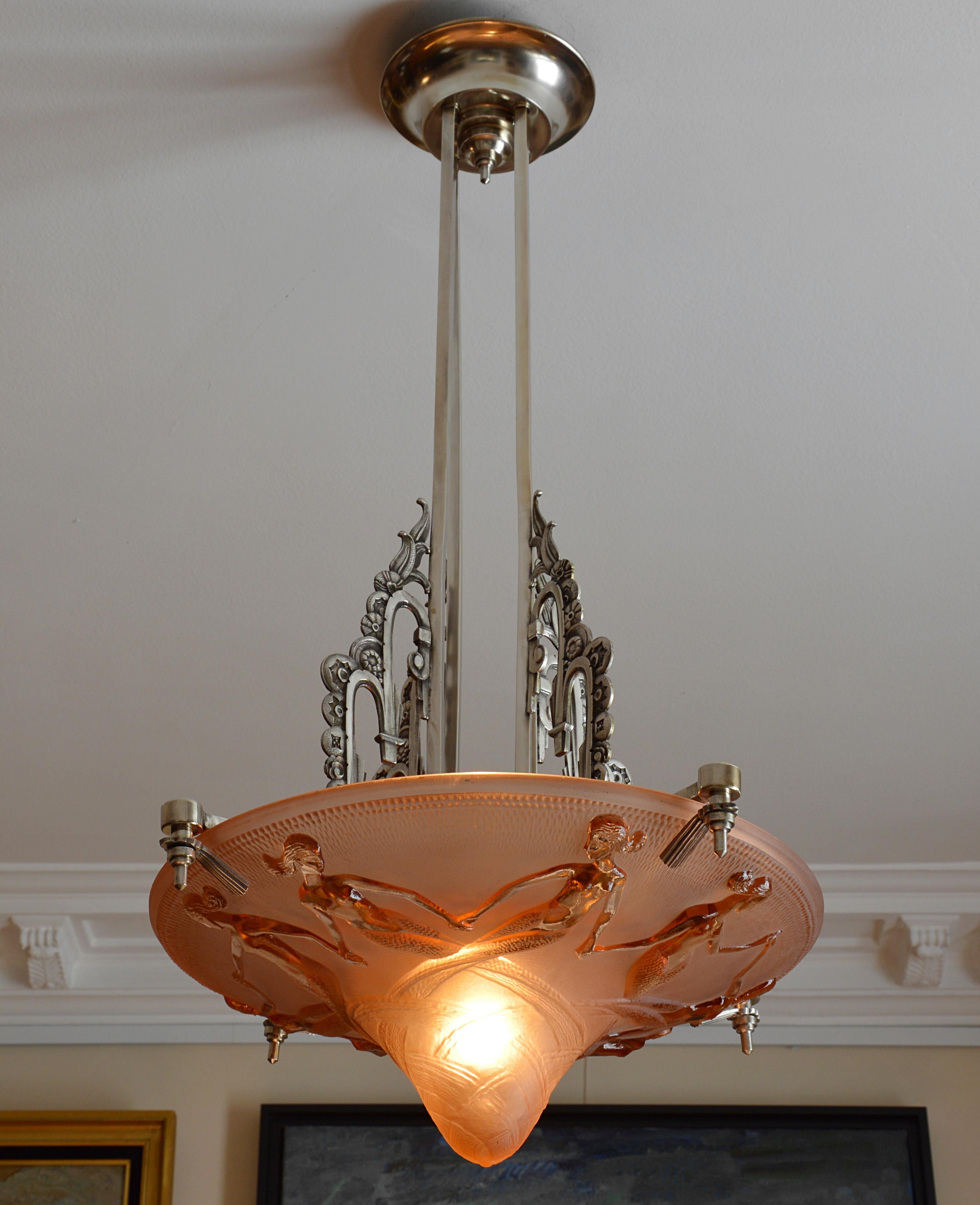 Maurice Model French Art Deco Mermaid Pendant Chandelier, 1930s In Good Condition In Saint-Amans-des-Cots, FR