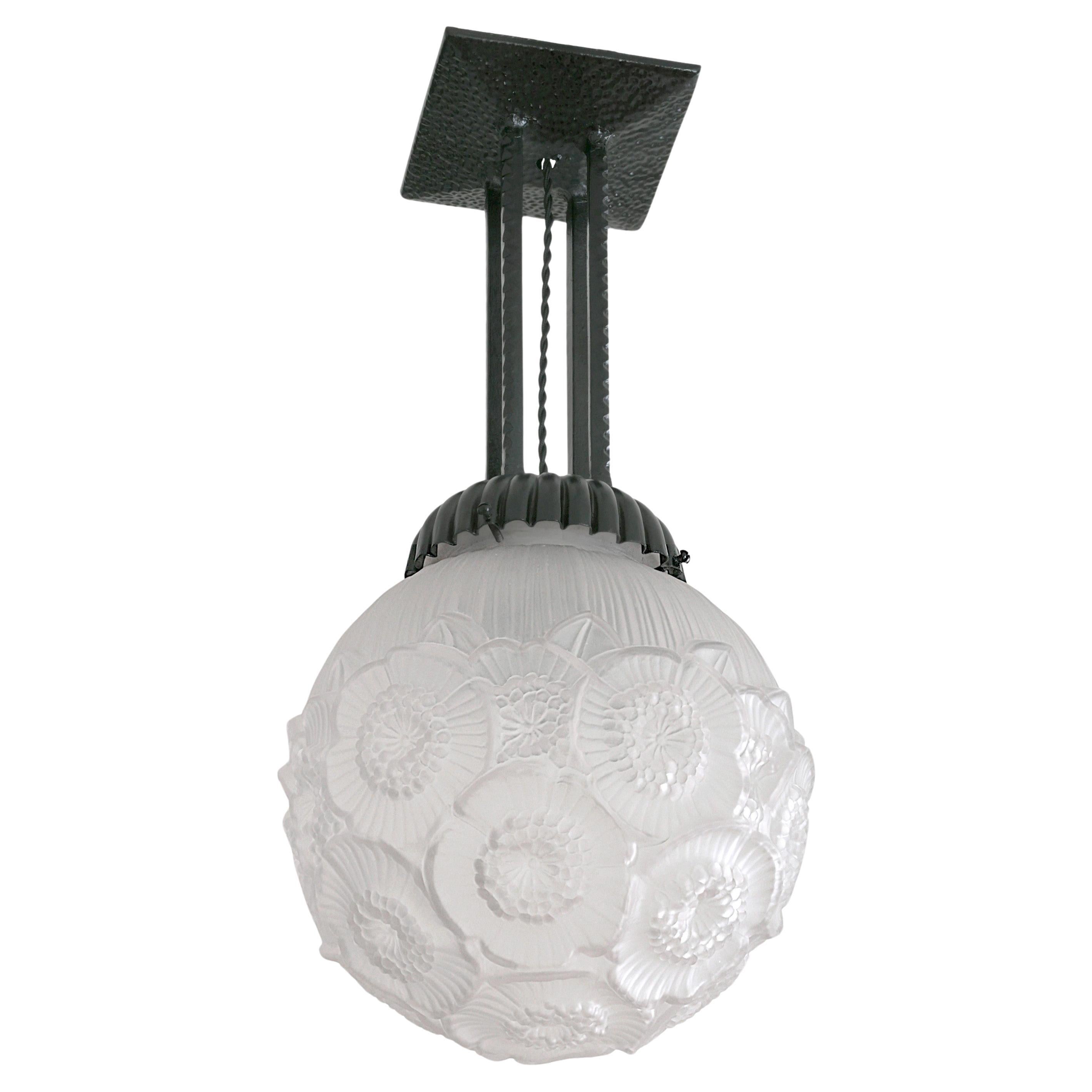Maurice Model Large French Art Deco Floral Ball Pendant Chandelier, Early 1930s For Sale