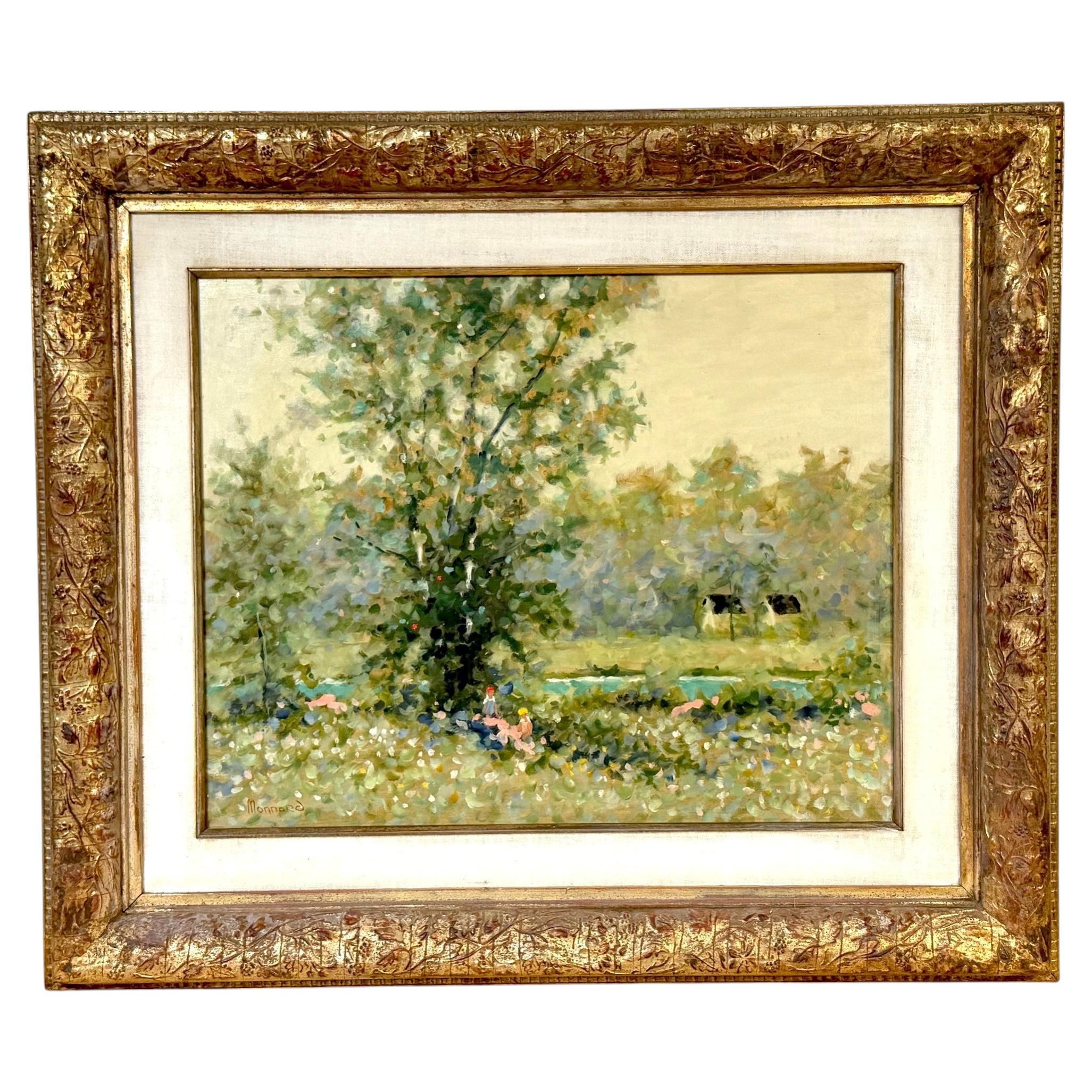 Maurice Monnard: Impressionistische Uferlandschaft mit sitzenden Figuren, 1970er Jahre