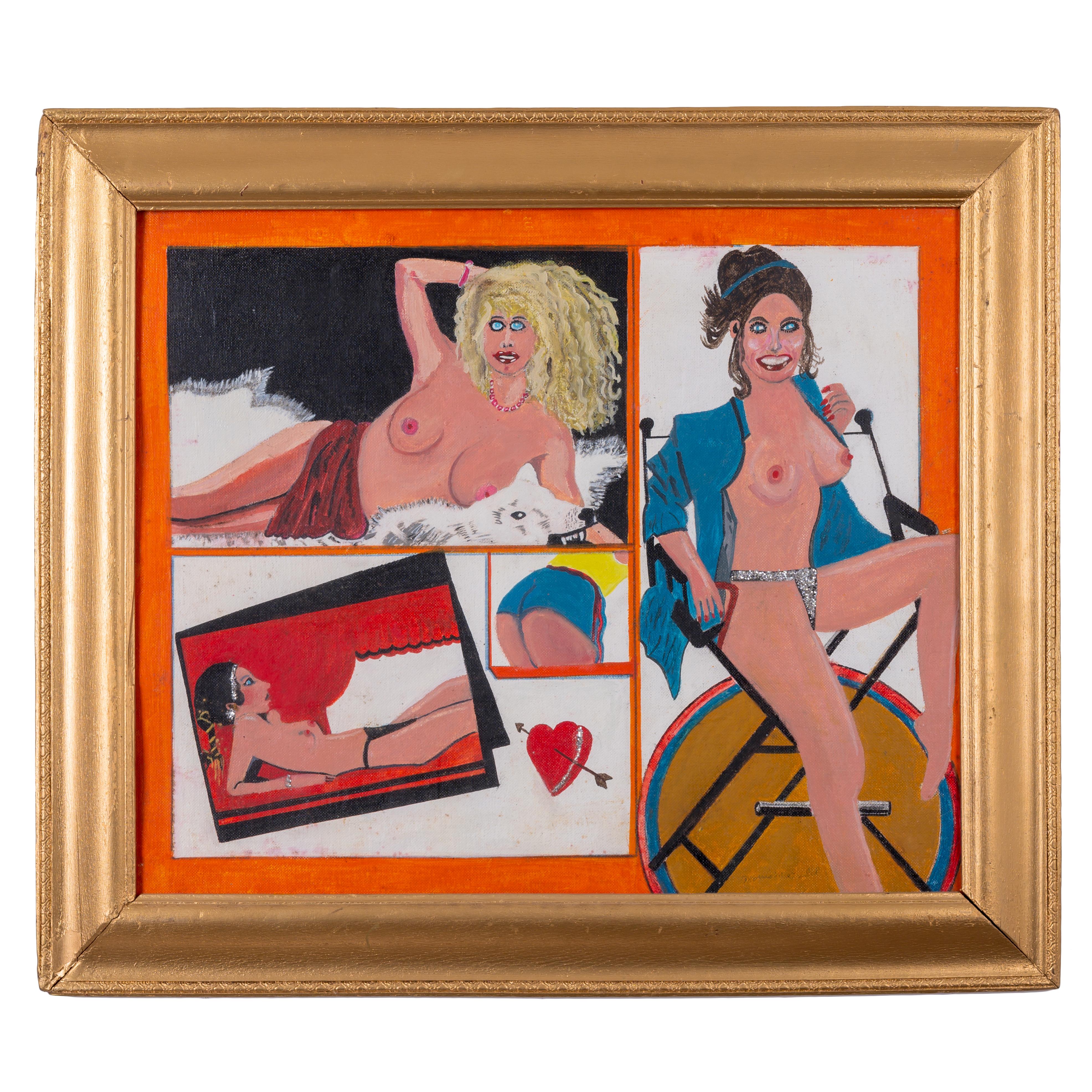 Ein Outsider-Art-Gemälde, das drei nackte Damen und einen Hintern zeigt; eine Dame mit funkelndem Höschen. 

Von Maurice Morris Grabel (1905-1988) aus Philadelphia und Egg Harbor, NJ.

Öl auf Leinwand in bemaltem Goldrahmen, Mitte 20.