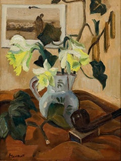 Maurice Mourlot (1906-1983) - 20. Jahrhundert Öl, Narzissen und Pfeife