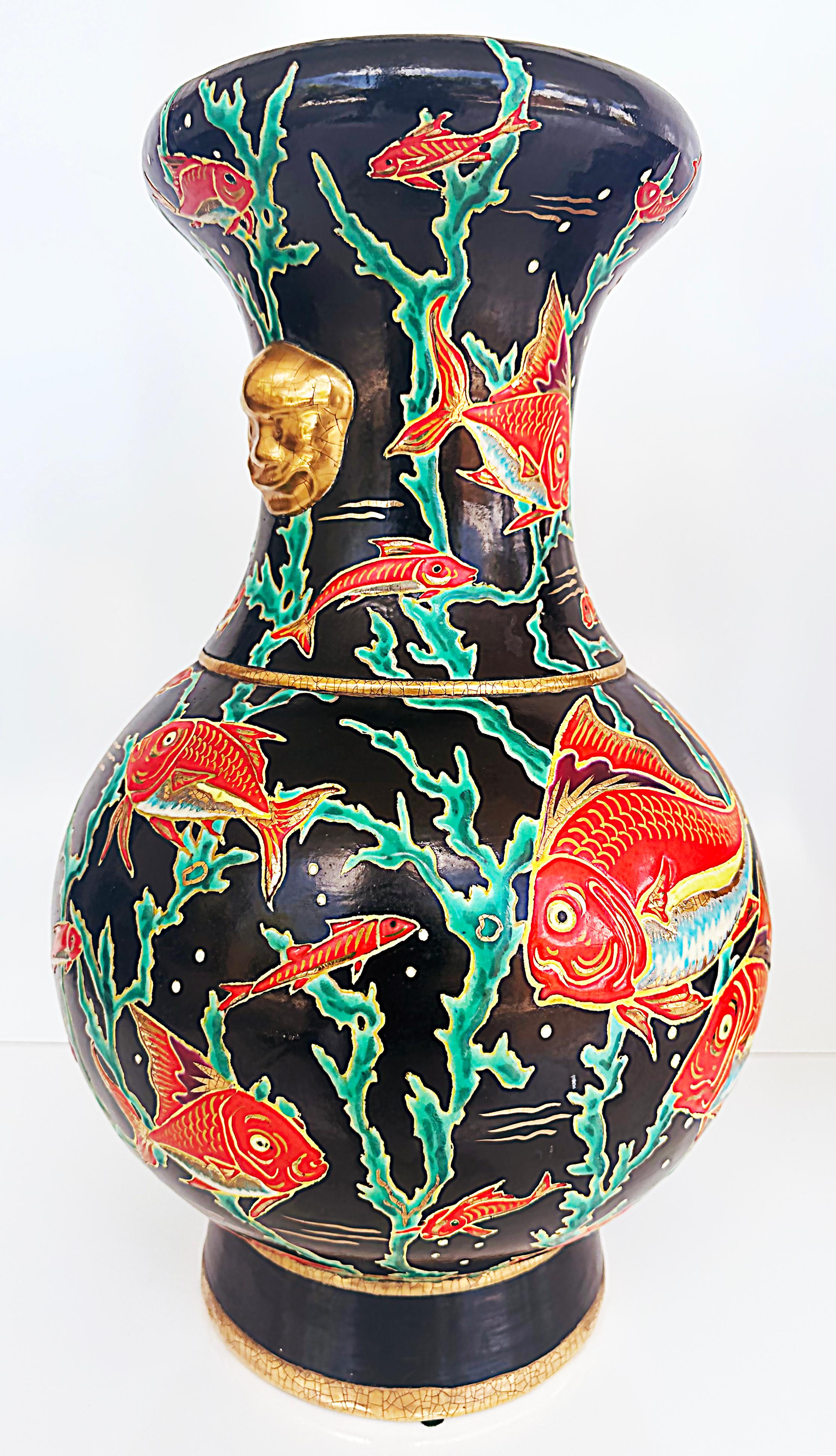 Chinoiserie Maurice P. Chevallier Longwy French Ceramic Neptune Vases, 1950s