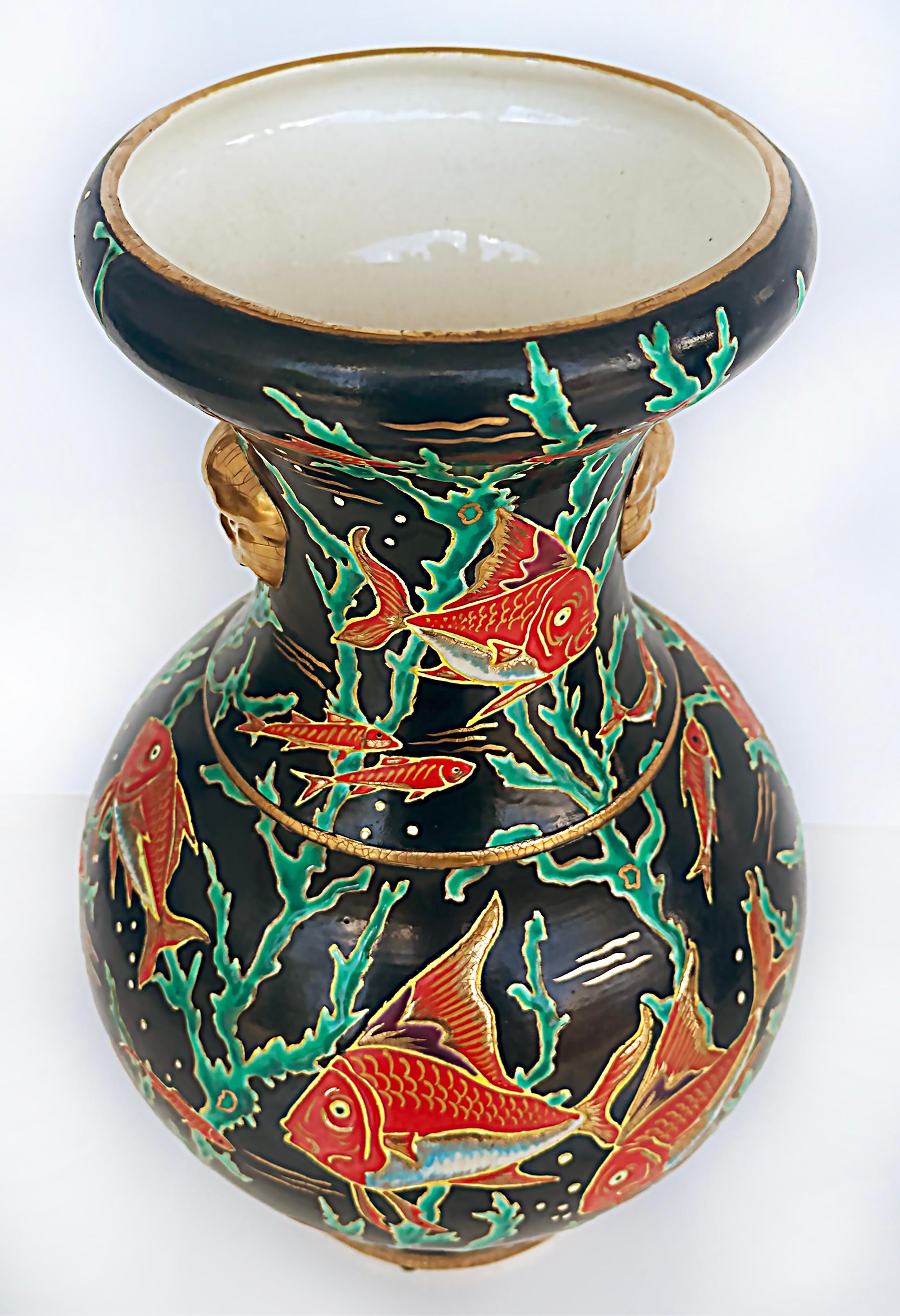 Enameled Maurice P. Chevallier Longwy French Ceramic Neptune Vases, 1950s