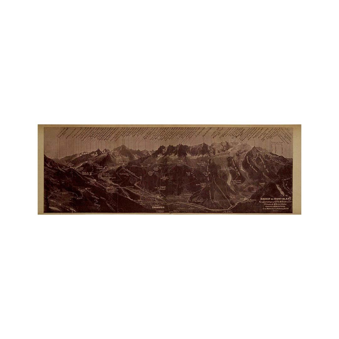 This rare circa 1910 illustrated document by Maurice Paillon presents a detailed panoramic view of the Mont Blanc Massif, one of the most legendary and awe-inspiring mountain ranges in the world. Capturing the majesty of Western Europe’s highest