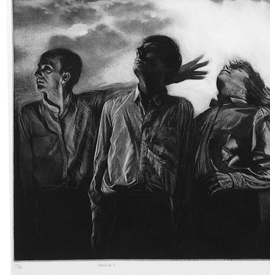 Atracción 5 (Seis hombres miran hacia la derecha. 1 señala hacia arriba en un paisaje convulso) - Print de Maurice Pasternak