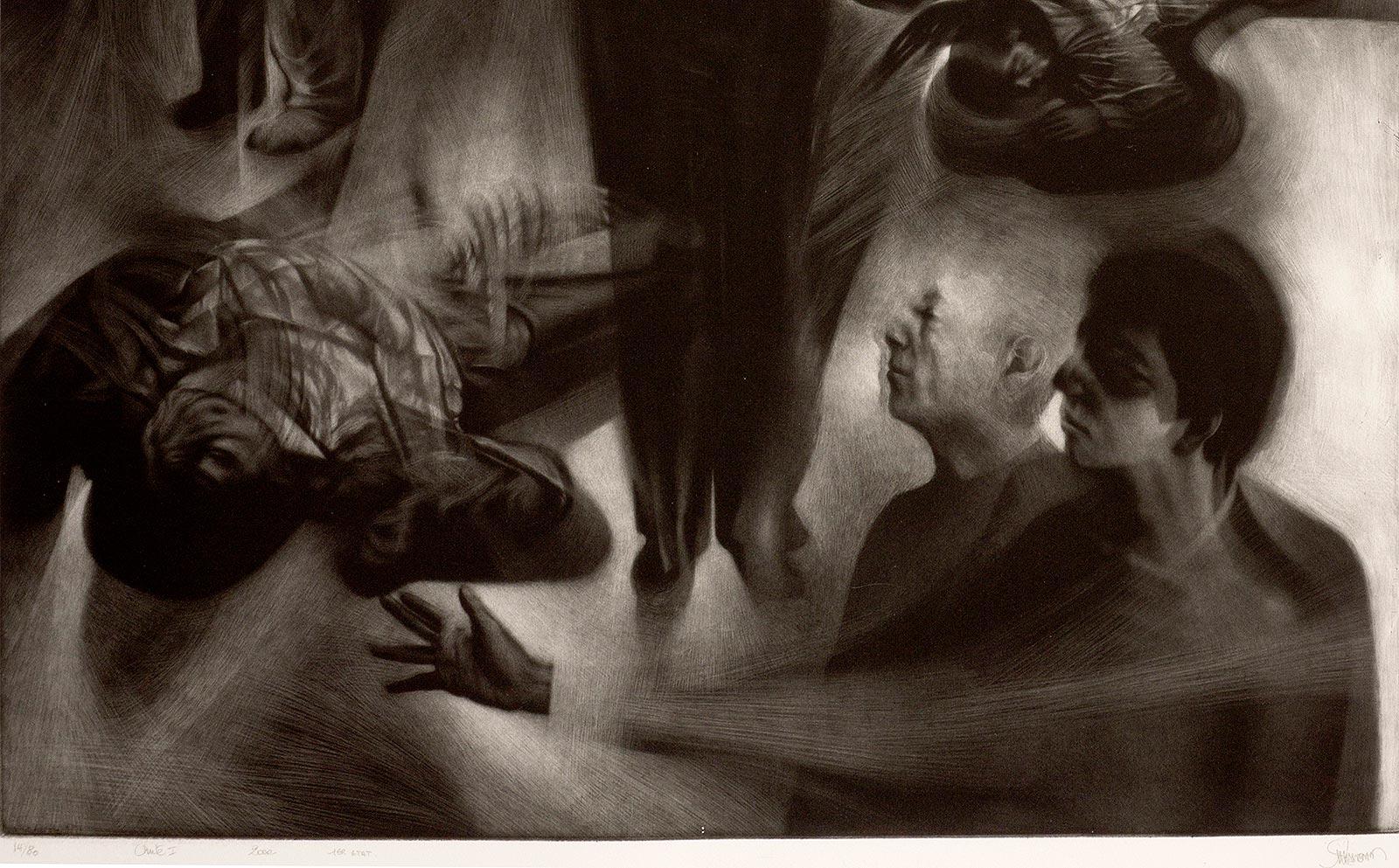 Chute I (der Herbst ätherischer Kreaturen, die in einer Höllenlandschaft wandern) (Surrealismus), Print, von Maurice Pasternak