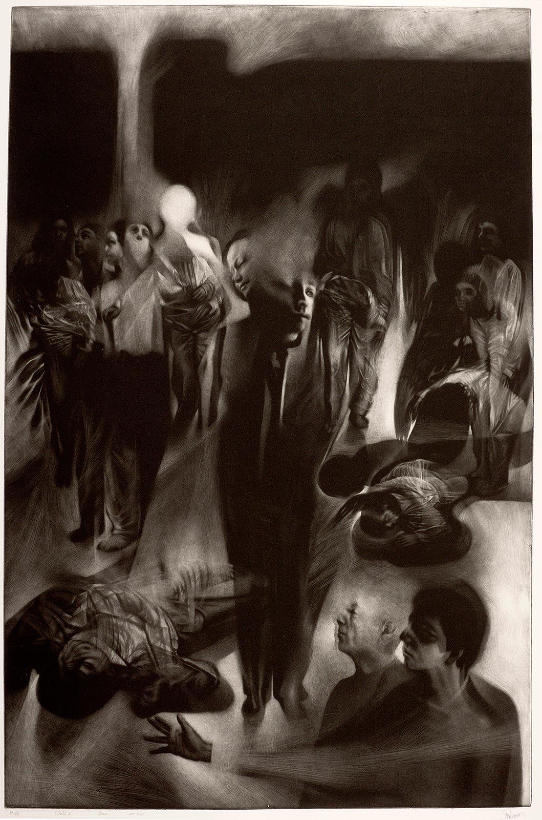 Chute I (la chute de créatures éthérées errant dans un paysage troublant) - Noir Figurative Print par Maurice Pasternak