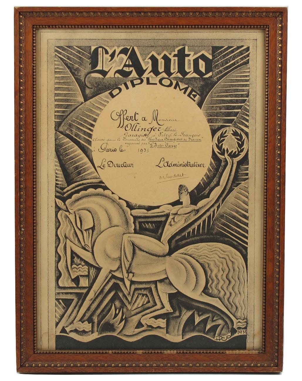 Rare French Art Deco print on paper, featuring a diploma from a French automobile magazine named 