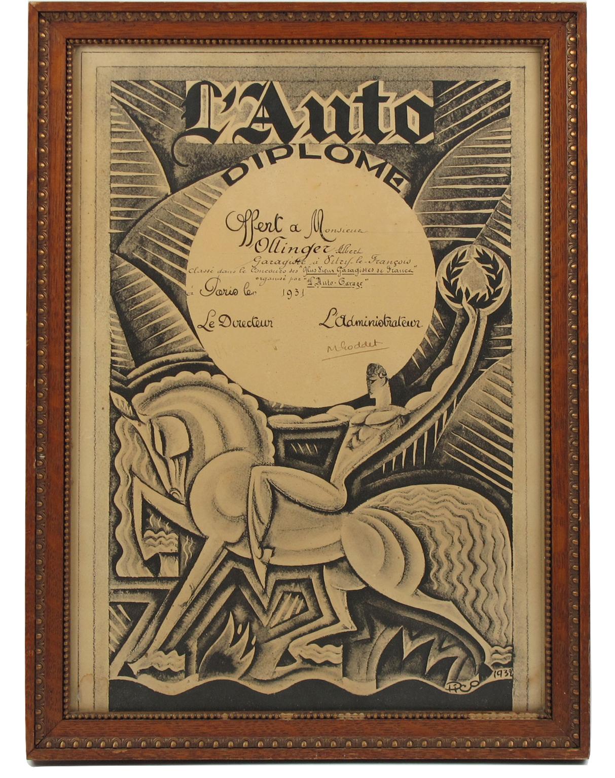A rare French Art Deco print on paper, featuring a diploma from a French automobile magazine named 