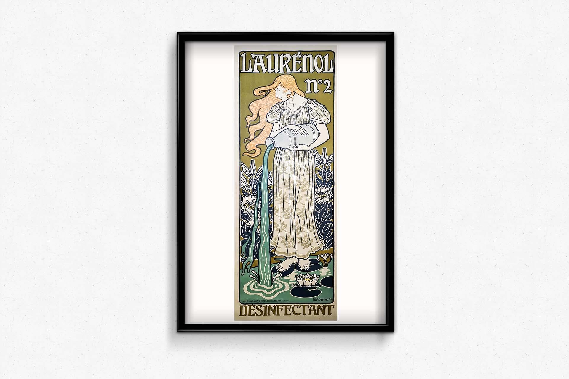 Very nice original poster from 1898 by Maurice Pillard Verneuil.
Standing on dark blue water lilies, a pretty woman with flowing orange hair pours water from a gray jug. The essence of nature, purity and freshness in this ad for a disinfectant is