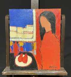 SIGNED FRENCH MODERNIST OIL - LADY WITH PLATE OF FRUIT - RED BLUE COLORS