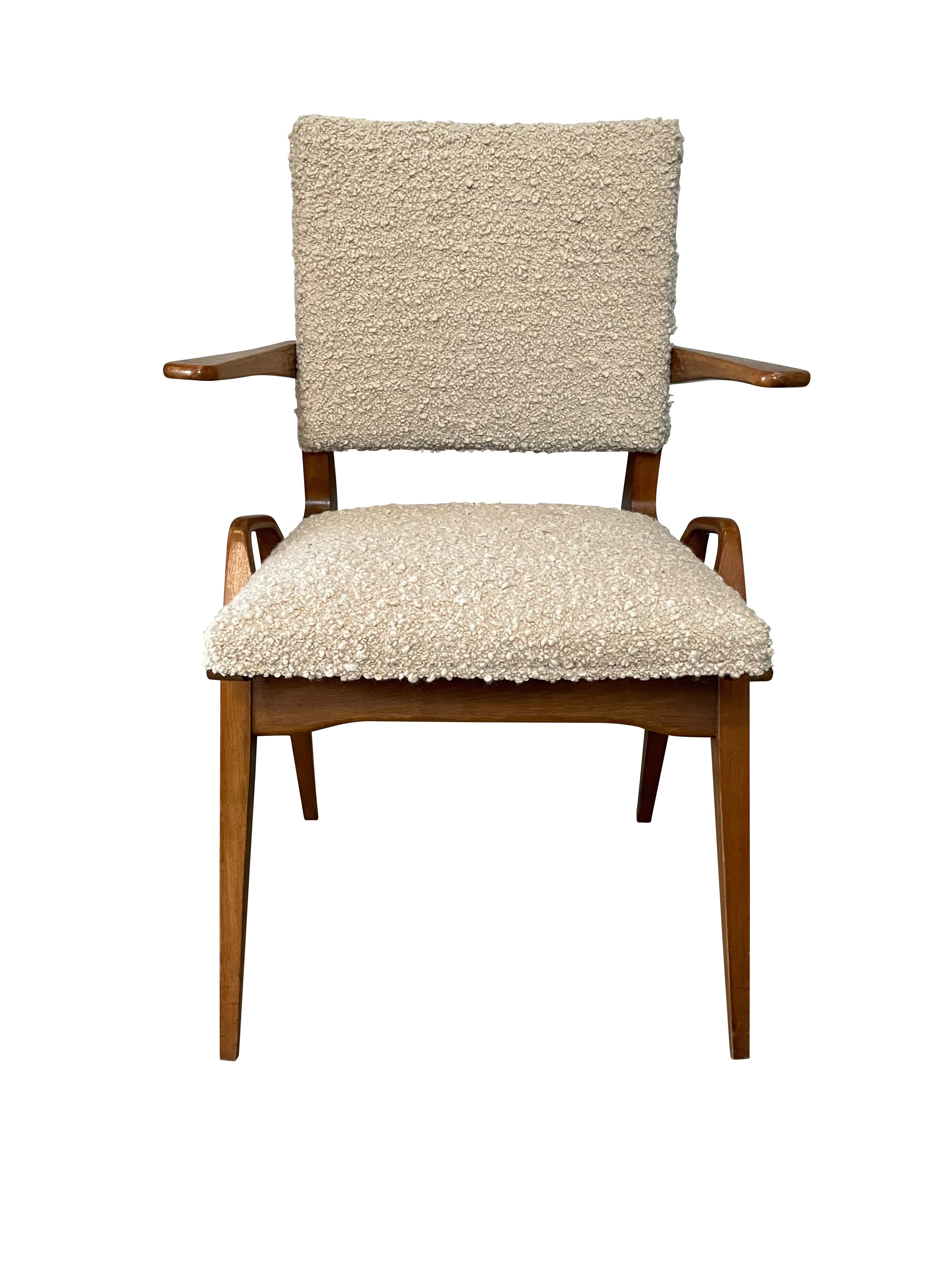 1950's French pair of Maurice Pre chairs. 
Compass shaped legs.
Floating arms.
Beech wood.
Newly reupholstered in boucle.
