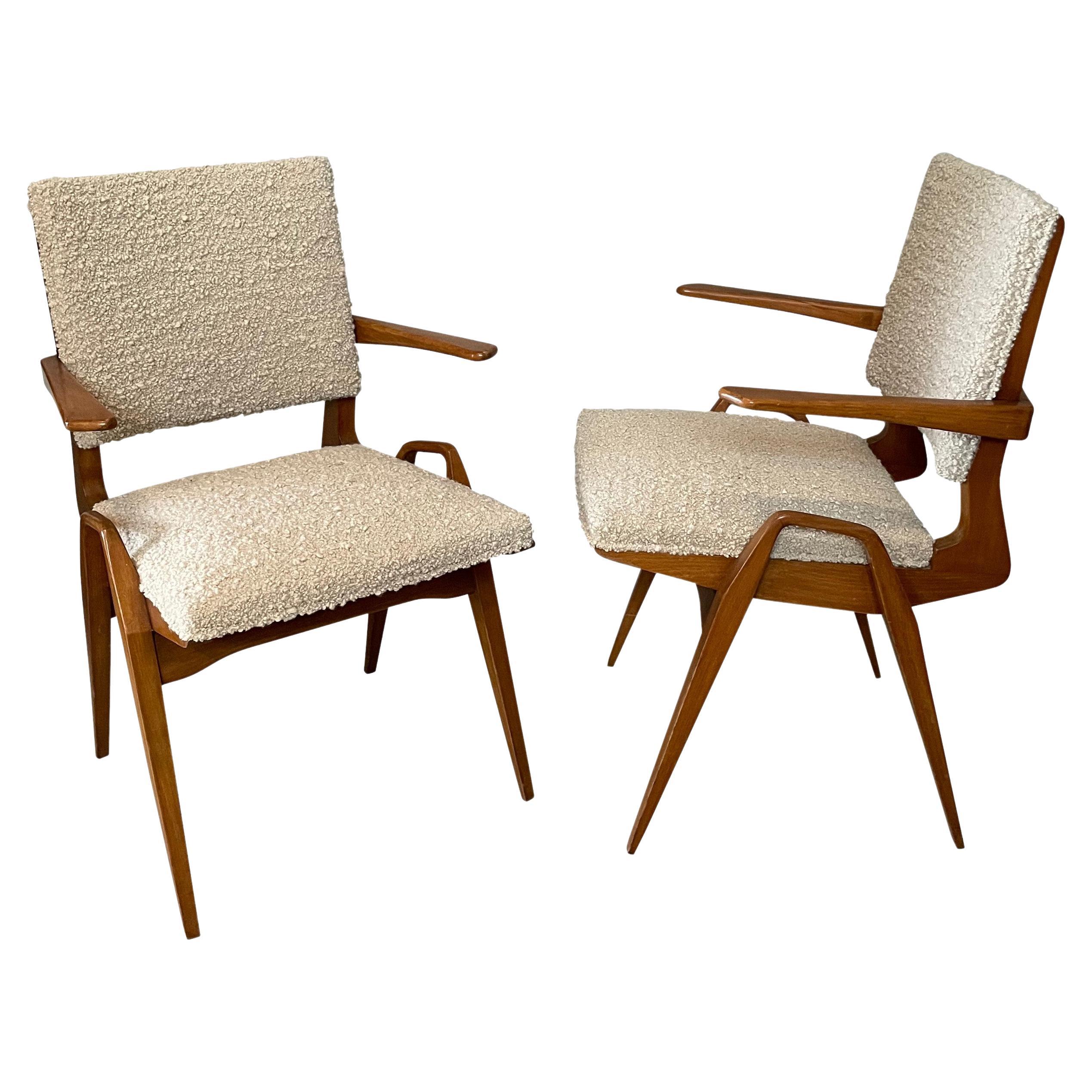 Maurice Pre Pair Beechwood And Upholstery Side Chairs, France, 1950s For Sale