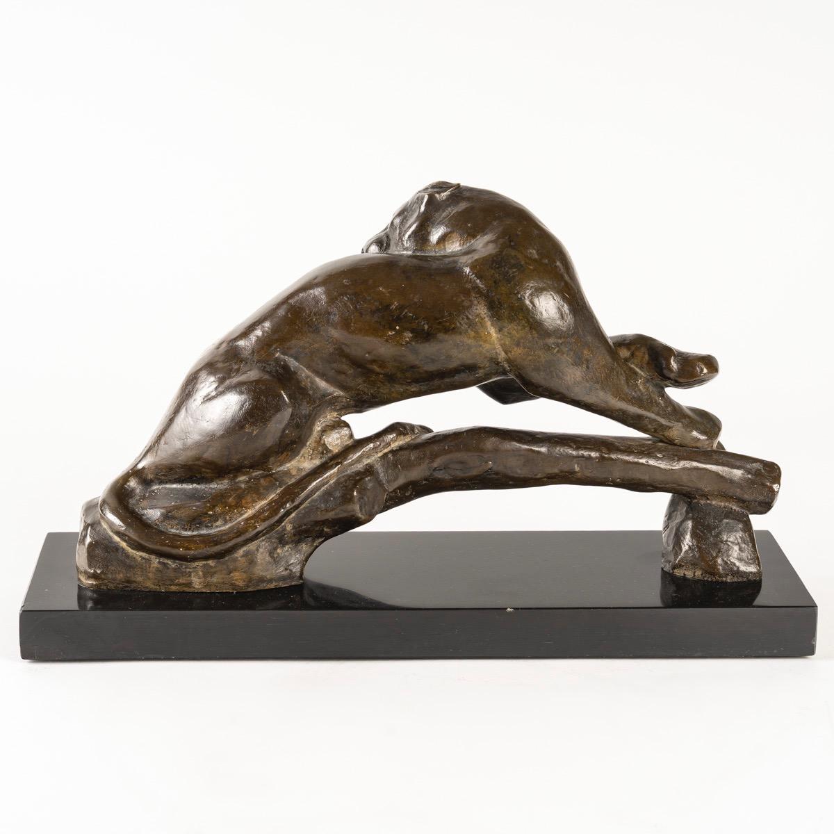 Patinato Maurice Prost (1894 - 1967)  Panthère au repos , Scultura in bronzo Art Deco in vendita