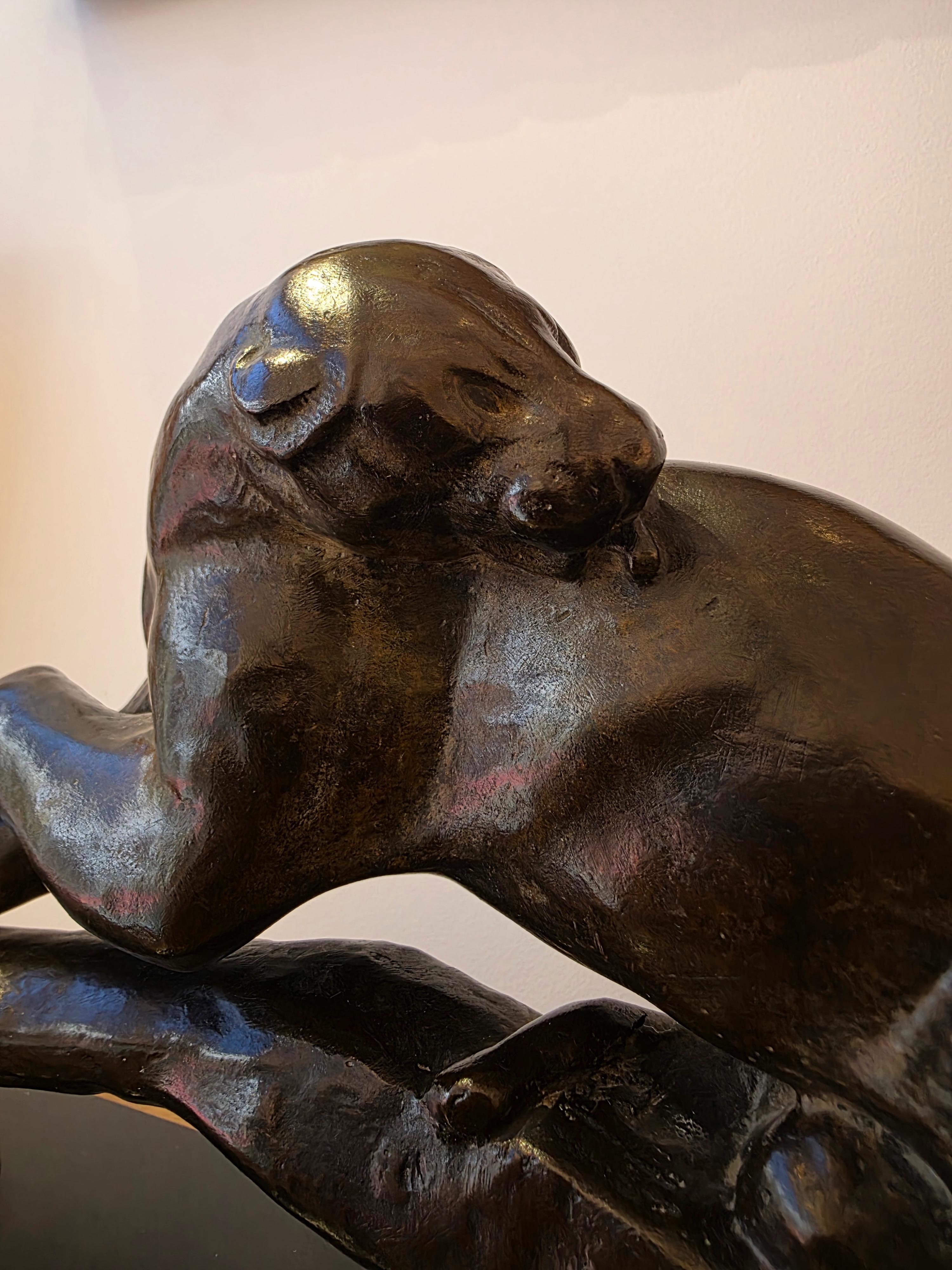 Marmo nero Belgio Maurice Prost (1894 - 1967)  Panthère au repos , Scultura in bronzo Art Deco in vendita