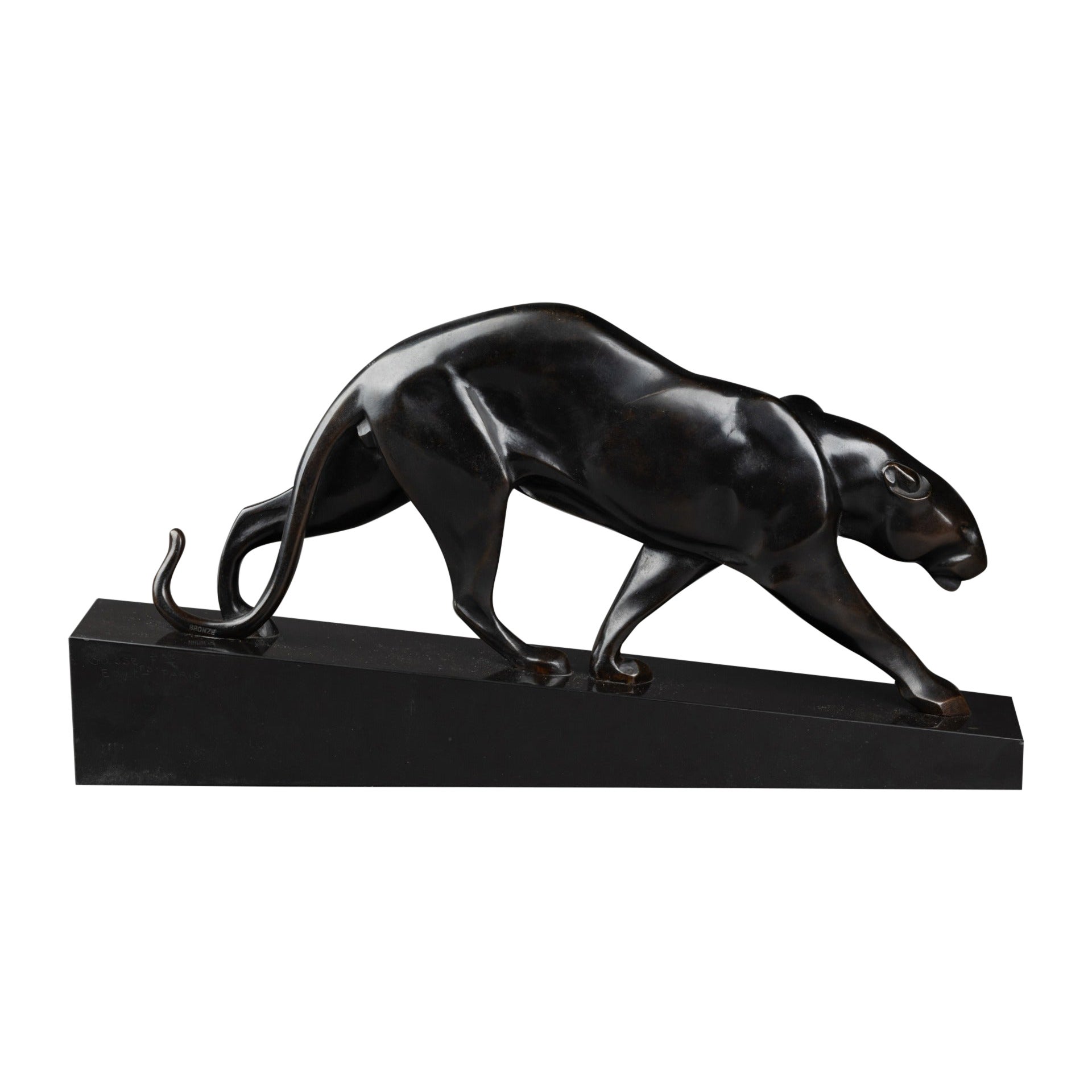 Maurice Prost : "Walking panthera", Balck patinated bronze sculpture C. 1935 in vendita