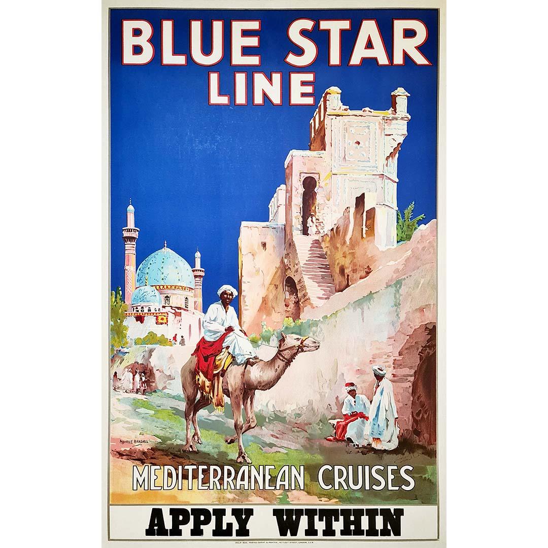 Original cruise poster by Randall Maurice for the Blue Star Line's Mediterranean cruises. The Blue Star Line was a British shipping company that provided passenger and cargo services around the world from 1911 to 1998. Printed by Philip Reid in