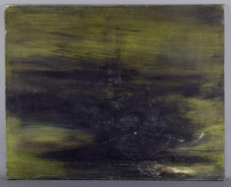 Maurice Rey (1930), listed  Spanish/French artist.
Oil on canvas.
Abstract composition. Stylish painting in green and black tones.
Approximately from 1960.
Signed on the back.
In excellent condition.
Dimensions: W 92.0 cm x H 73.0 cm.