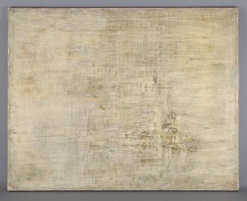 Maurice Rey (1930), inscrit sur la liste  Artistics espagnol/français.
Huile sur toile.
Composition abstraite. Tableau élégant dans les tons blanc, vert et gris.
1960.
Signé et daté au dos.
En parfait état.
Dimensions : L 92,0 cm x H 73,0 cm : L