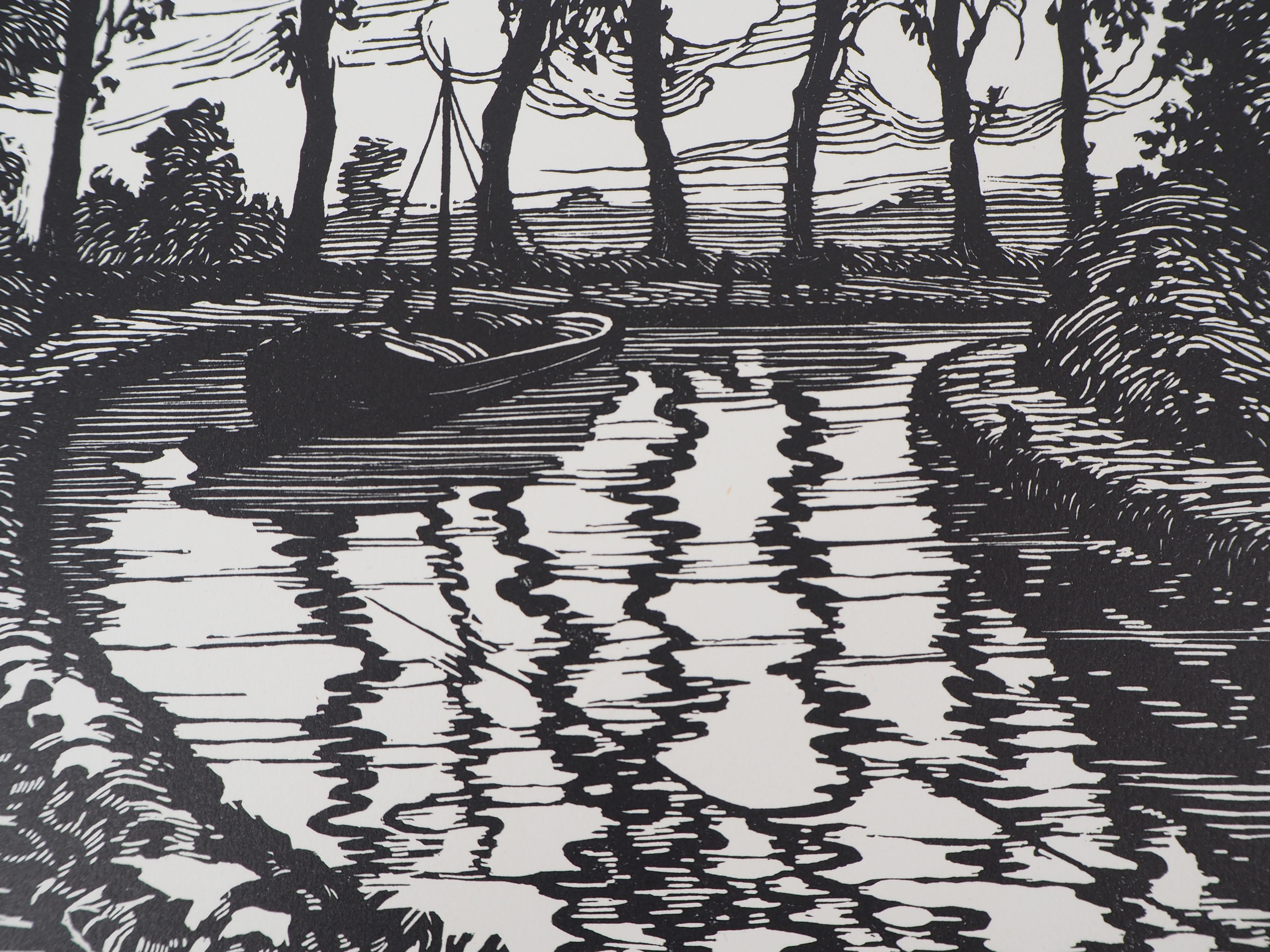 Peaceful Cruise on the Canal – Original-Wollschnitt, handsigniert und nummeriert – Print von Maurice Rollet