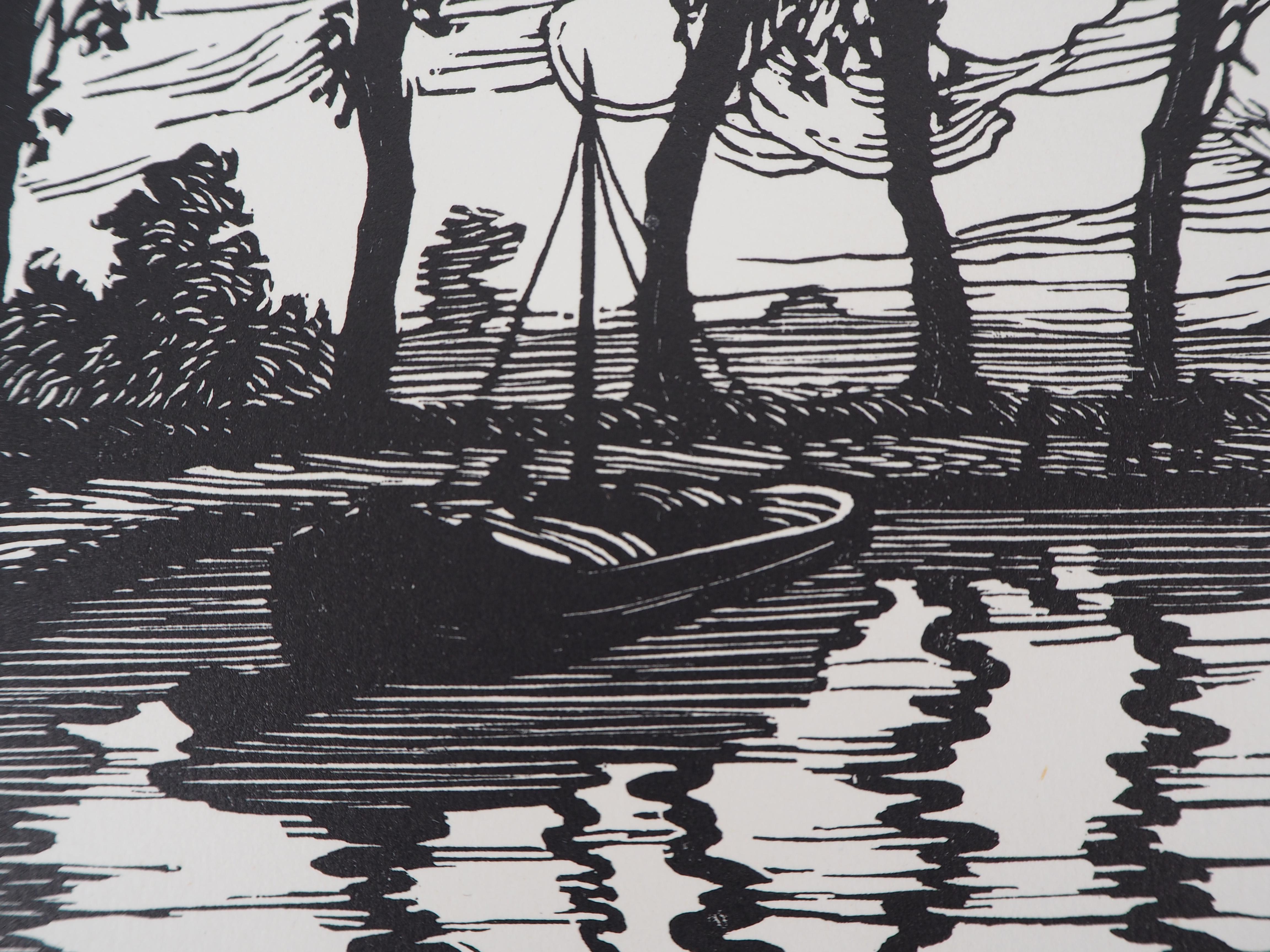Peaceful Cruise on the Canal – Original-Wollschnitt, handsigniert und nummeriert (Moderne), Print, von Maurice Rollet