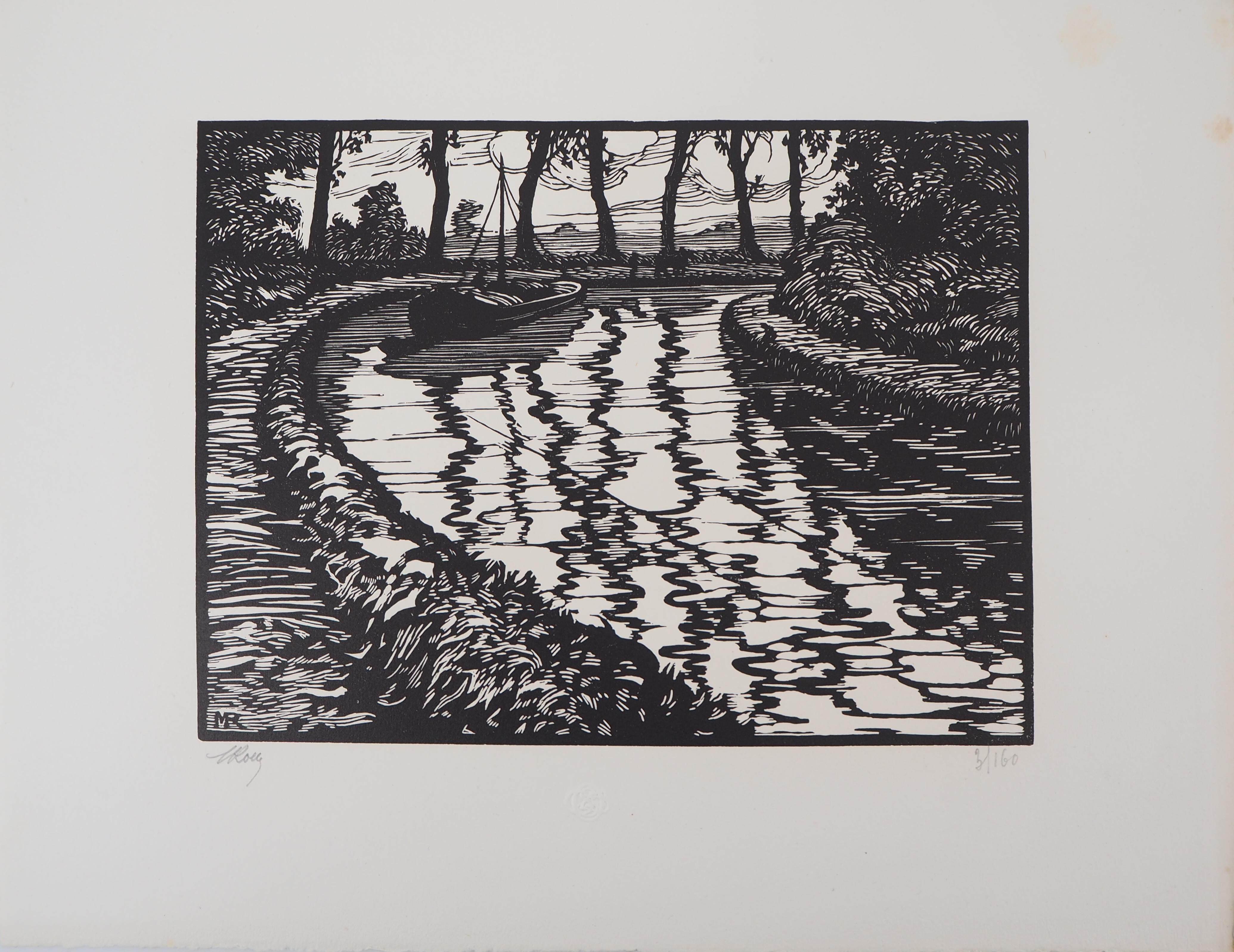 Maurice ROLLET (1902-1960)
Friedliche Kreuzfahrt auf dem Kanal, 1927

Original Holzschnitt
Handsigniert mit Bleistift
Nummeriert /160
Auf Vellum 32,5 x 25,5 cm (ca. 13 x 10 Zoll)
Trägt den Blindstempel des Herausgebers 'Imagier de la Gravure sur