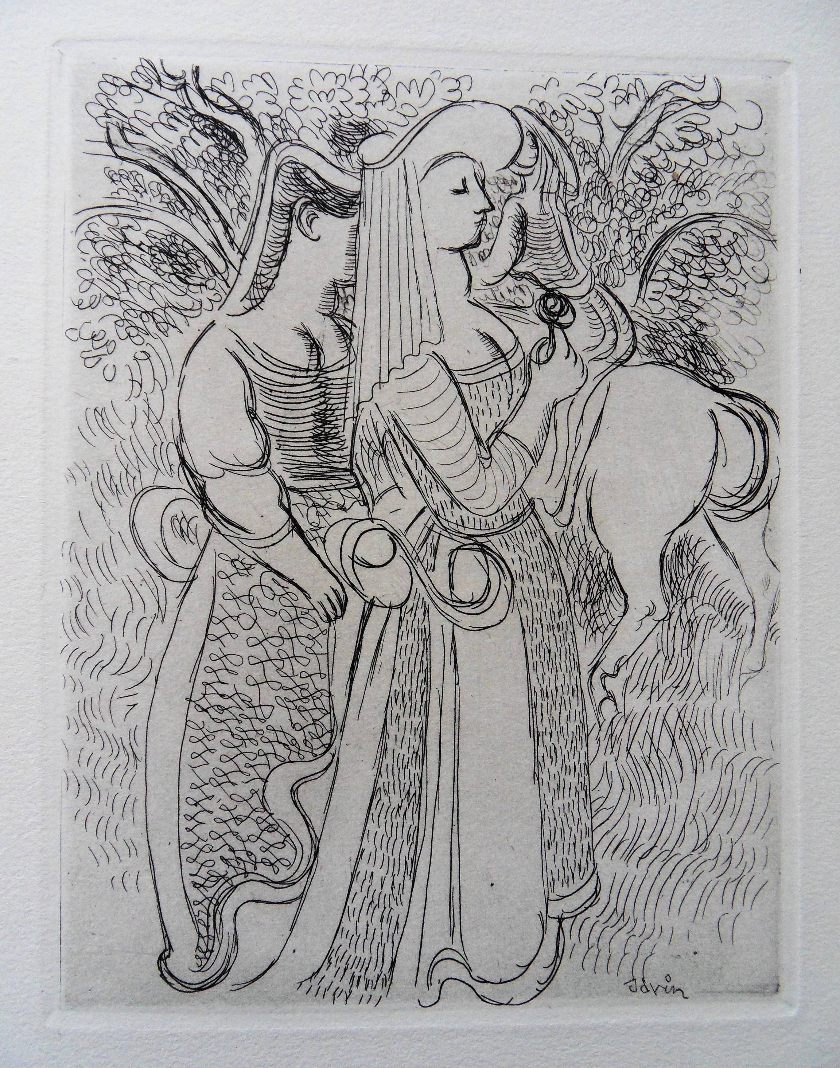 Maurice Savin Figurative Print - Gallant Love : Woman with a Rose - Original etching, 1943