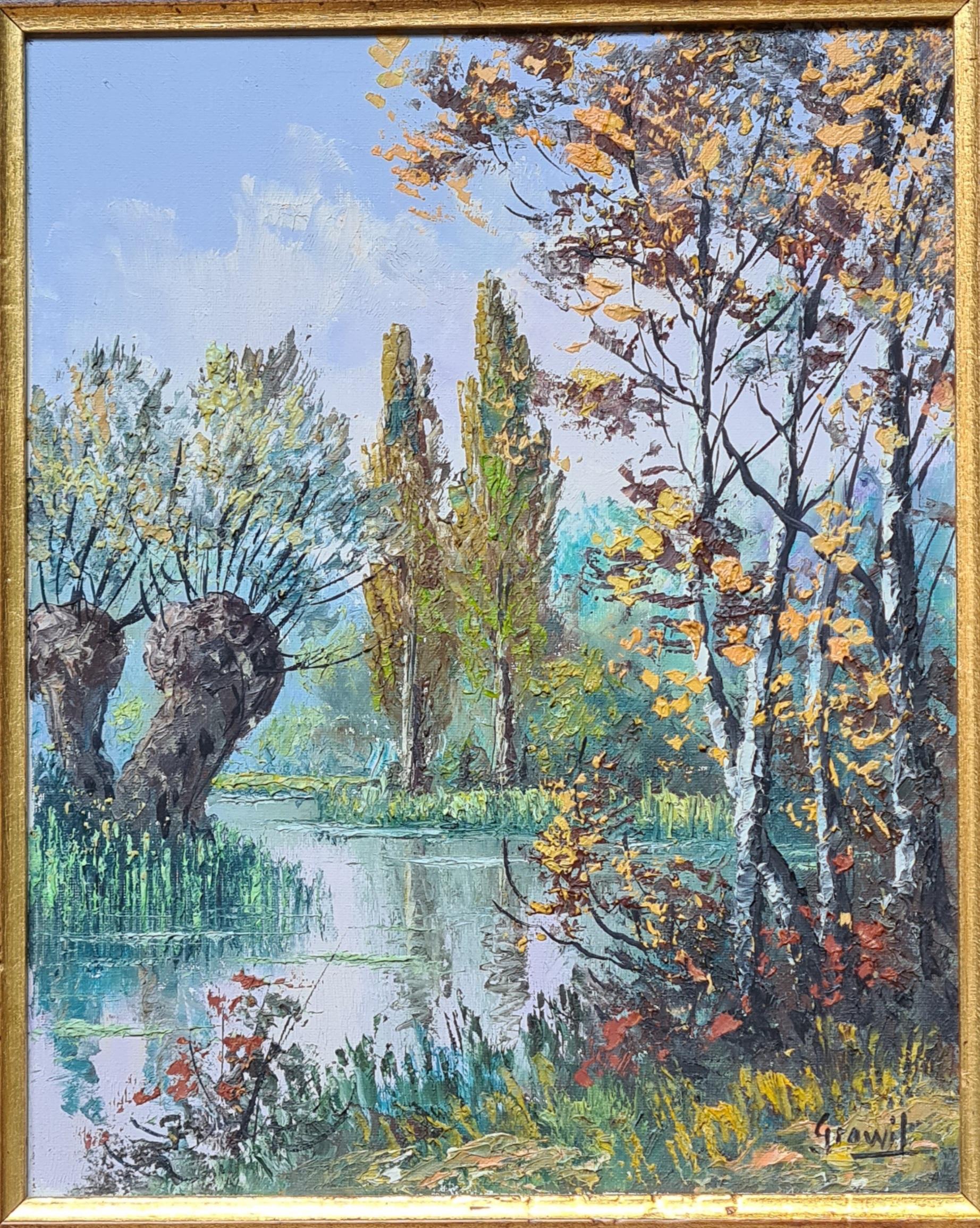 Maurice Schwab aka 'Grawil' Landscape Painting - 'A River Runs Through It', Summer By the Riverbank. Oil on Canvas.