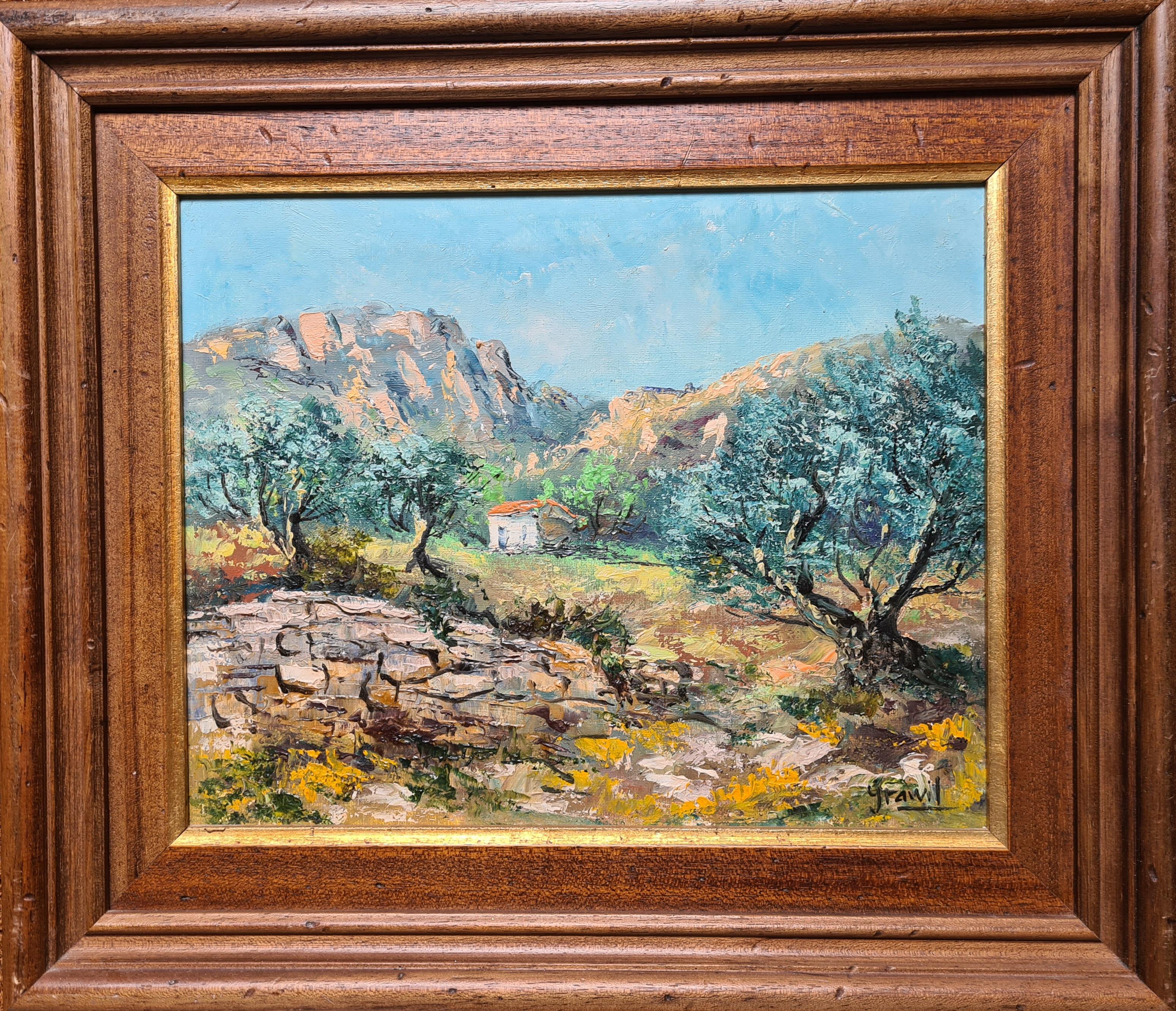 Le Cabanon Provençal et son Oliveraie, French Country Cottage in an Olive Grove - Painting by Maurice Schwab aka 'Grawil'