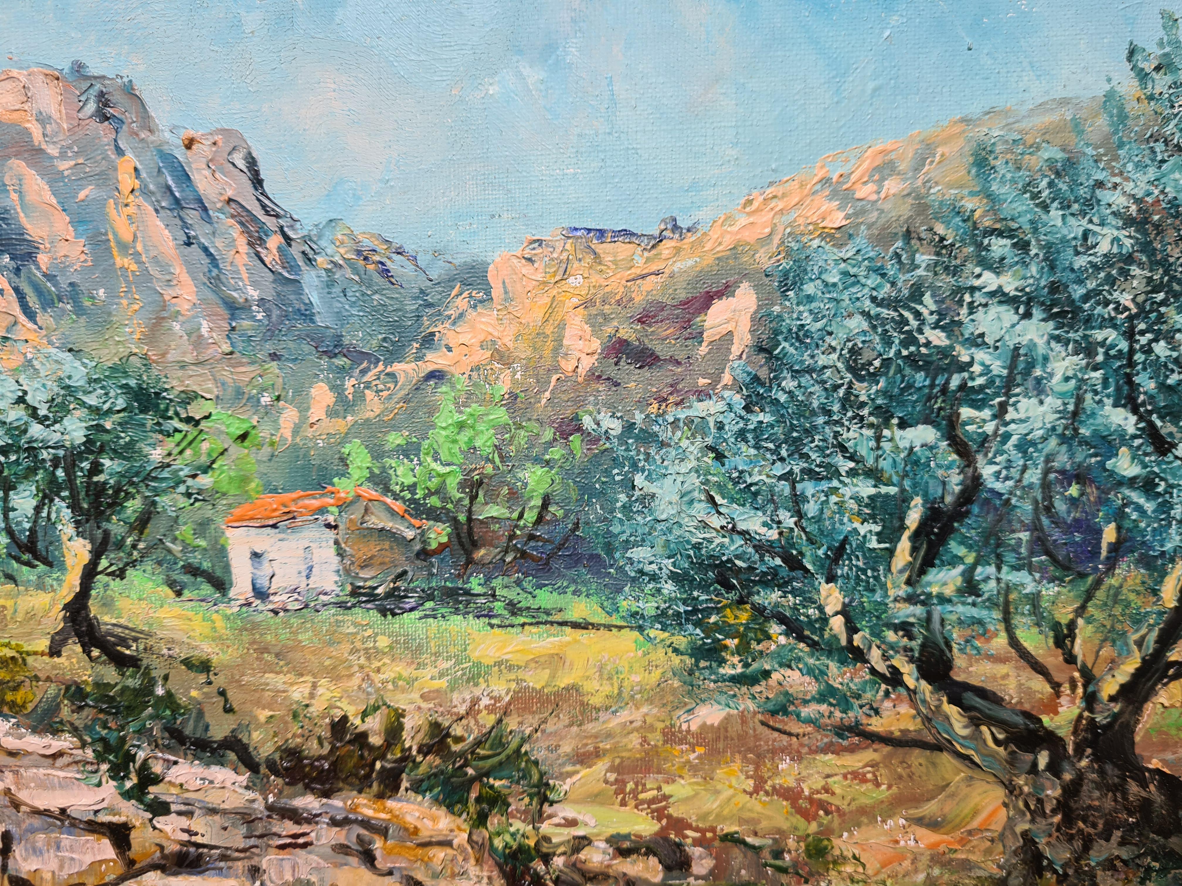 Le Cabanon Provençal et son Oliveraie, French Country Cottage in an Olive Grove - Impressionist Painting by Maurice Schwab aka 'Grawil'