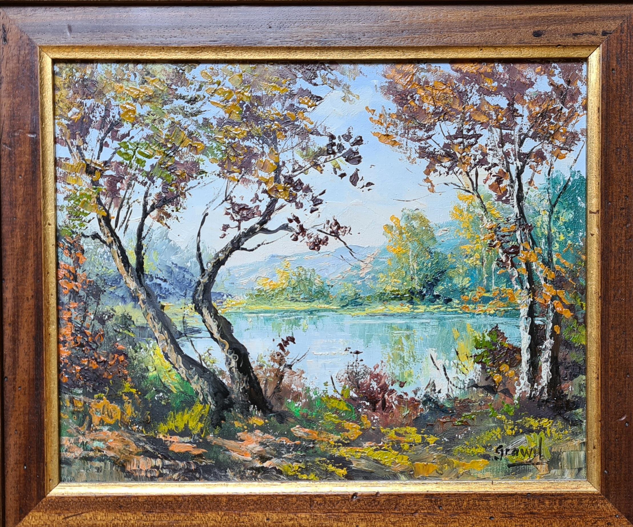 L'été au lac. Paysage français à l'huile sur toile. - Painting de Maurice Schwab aka 'Grawil'