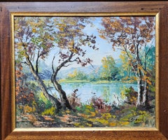 'Summer at the Lake'. French Oil on Canvas Landscape.