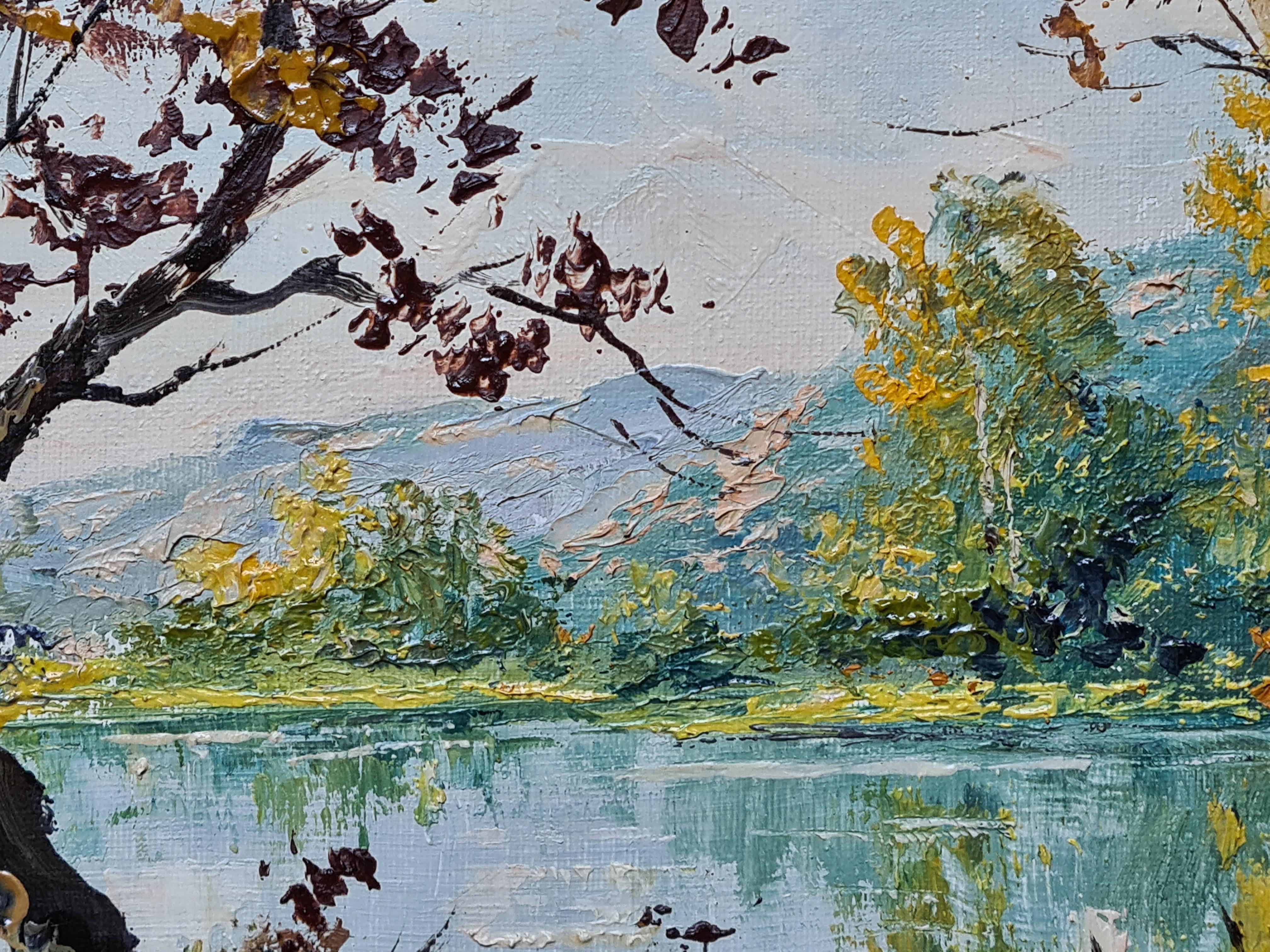 L'été au lac. Paysage français à l'huile sur toile. - Gris Landscape Painting par Maurice Schwab aka 'Grawil'