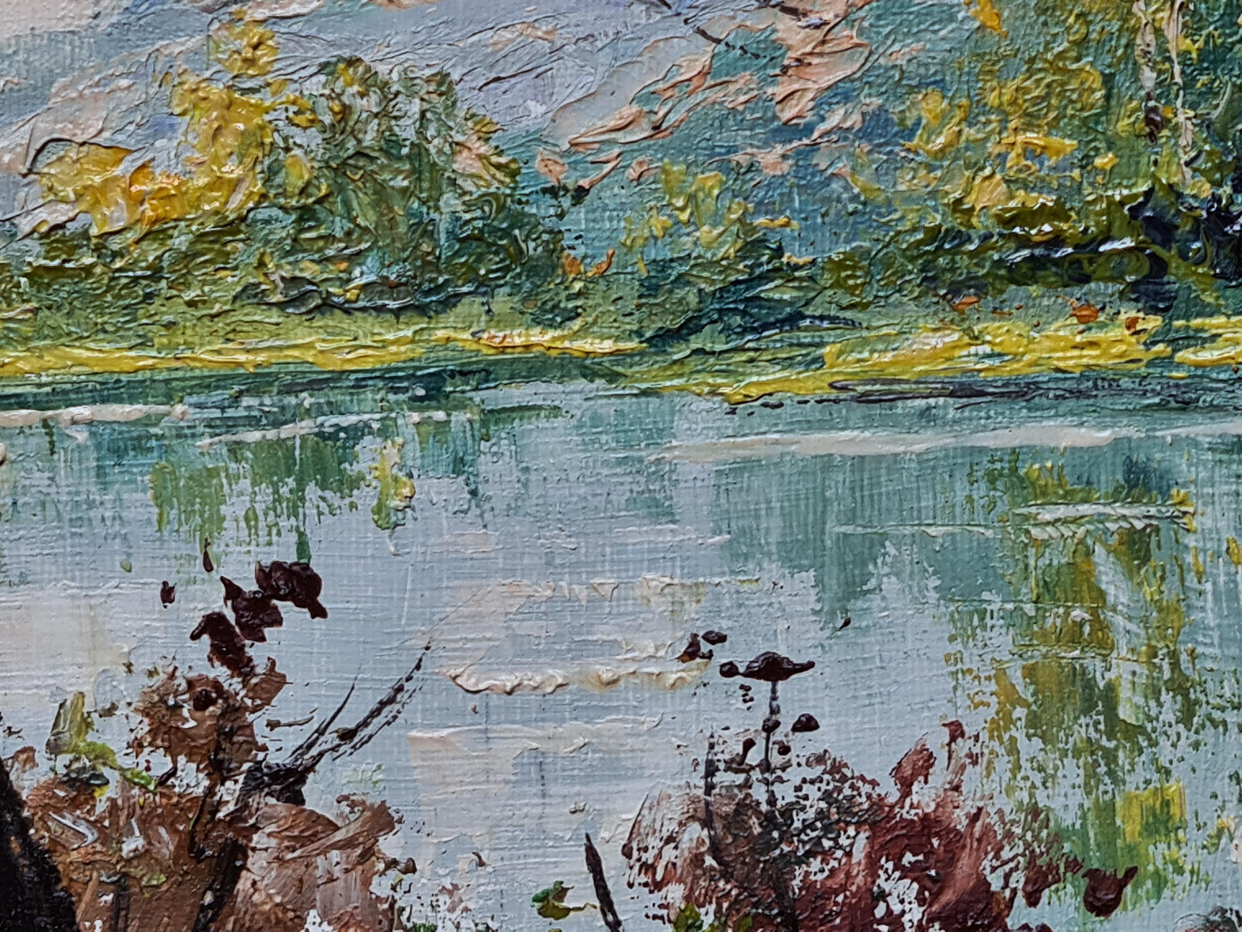 Summer at the Lake. French Oil on Canvas Landscape. For Sale 2