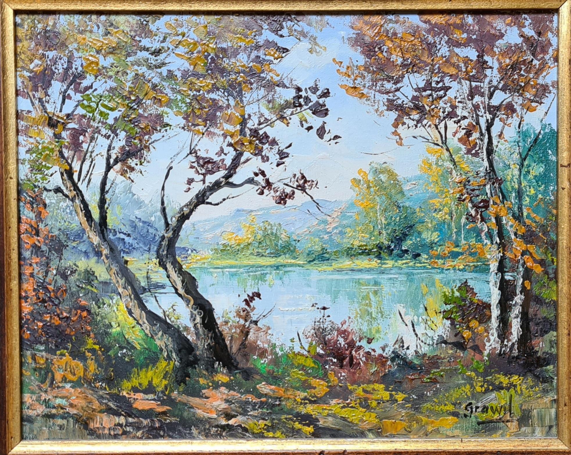 Landscape Painting Maurice Schwab aka 'Grawil' - L'été au lac. Paysage français à l'huile sur toile.