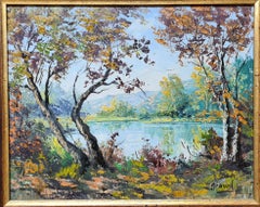 Summer at the Lake. French Oil on Canvas Landscape.