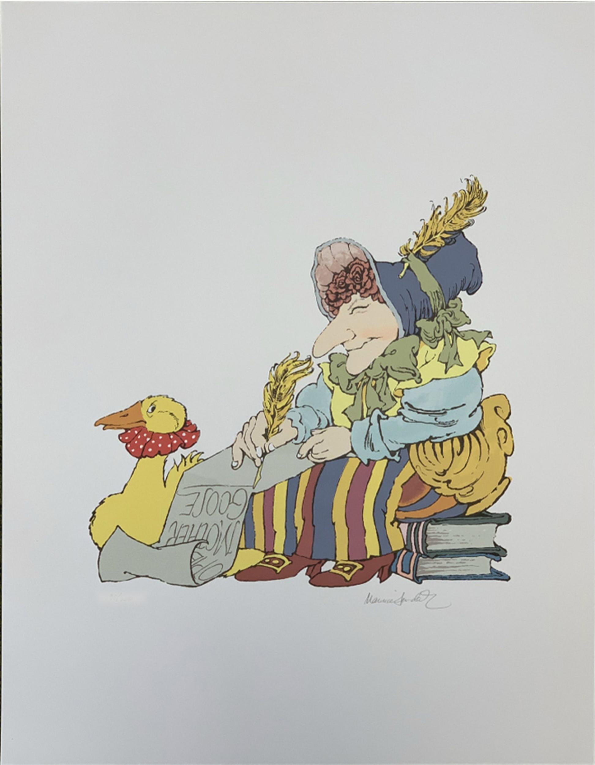 A traditional children's illustration-style print of Mother Goose, sitting on a stack of books and writing down stories on a scroll. She is elaborately dressed in striped trousers, a yellow shirt, and a blue bonnet, adorned everywhere with green