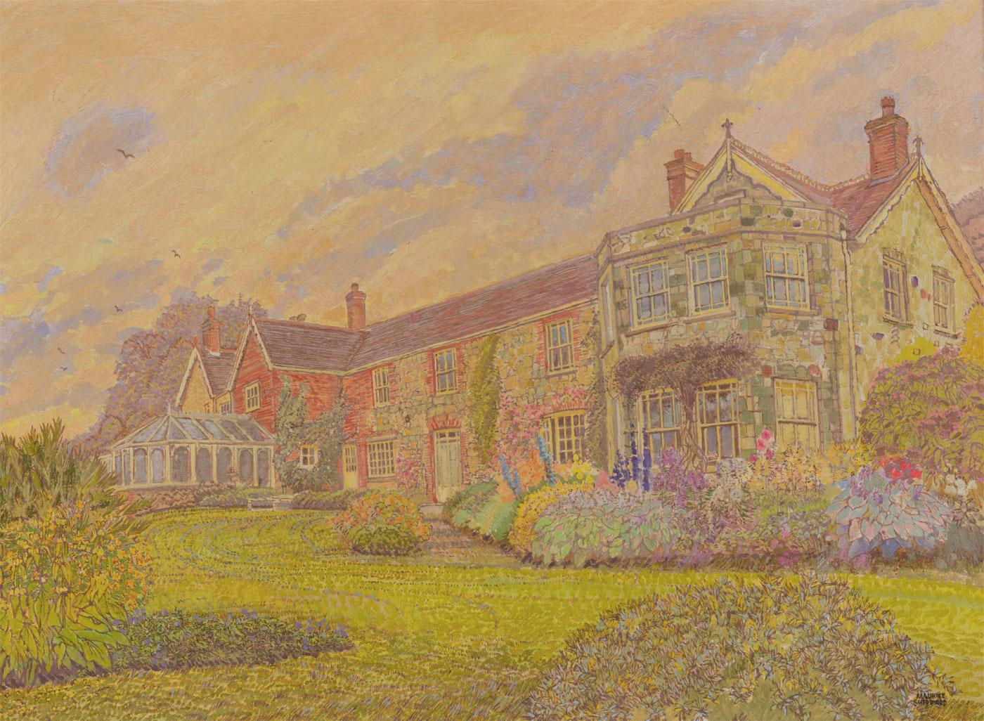 A finely painted and delicate portrayal of a country manor house by listed artist Maurice Sheppard. The picture includes vibrant flowers in the garden using pastel tones and bright colours, alongside minute brush strokes in order to portray the