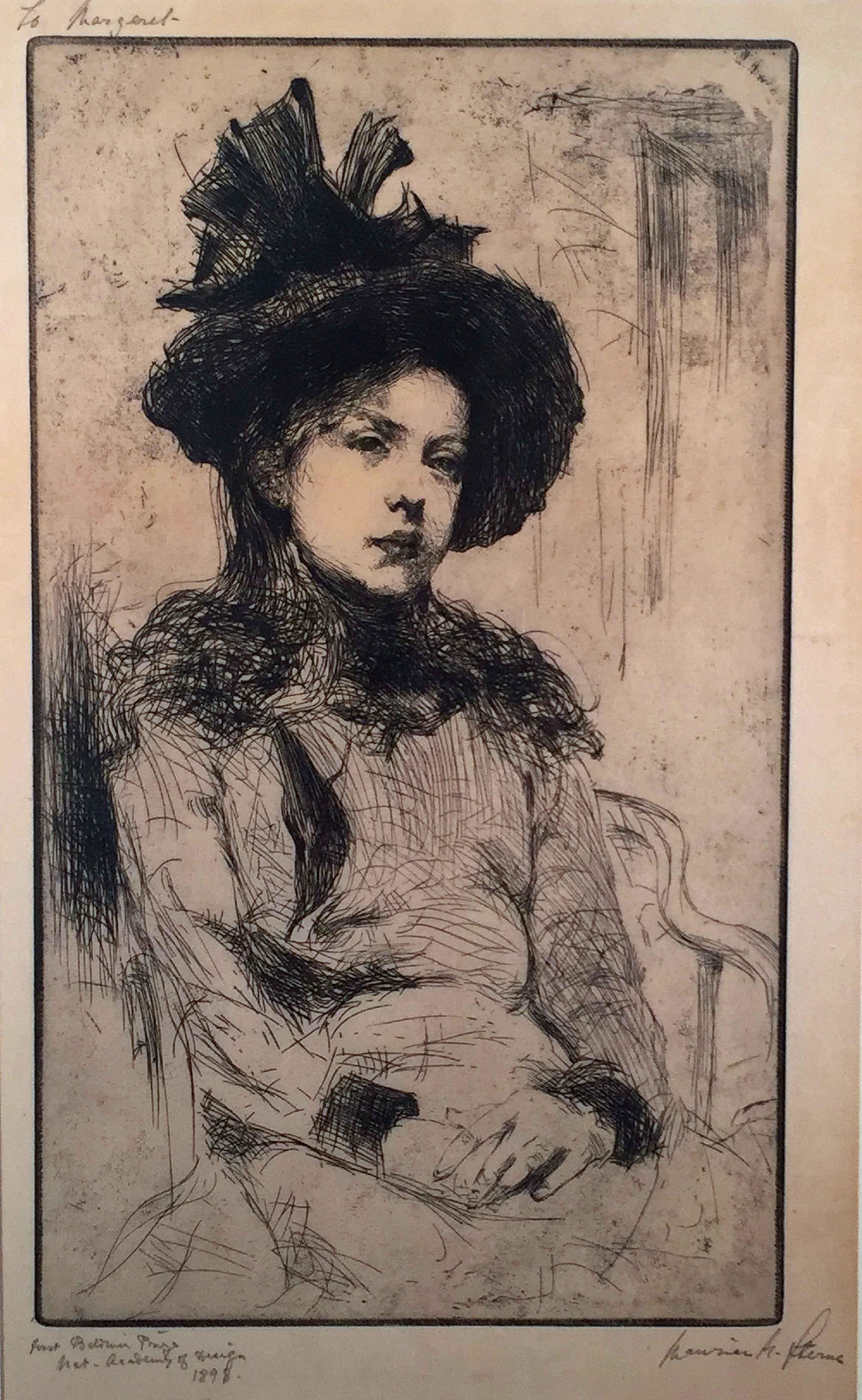 Maurice Sterne Portrait Print - SEATED GIRL WITH HAT
