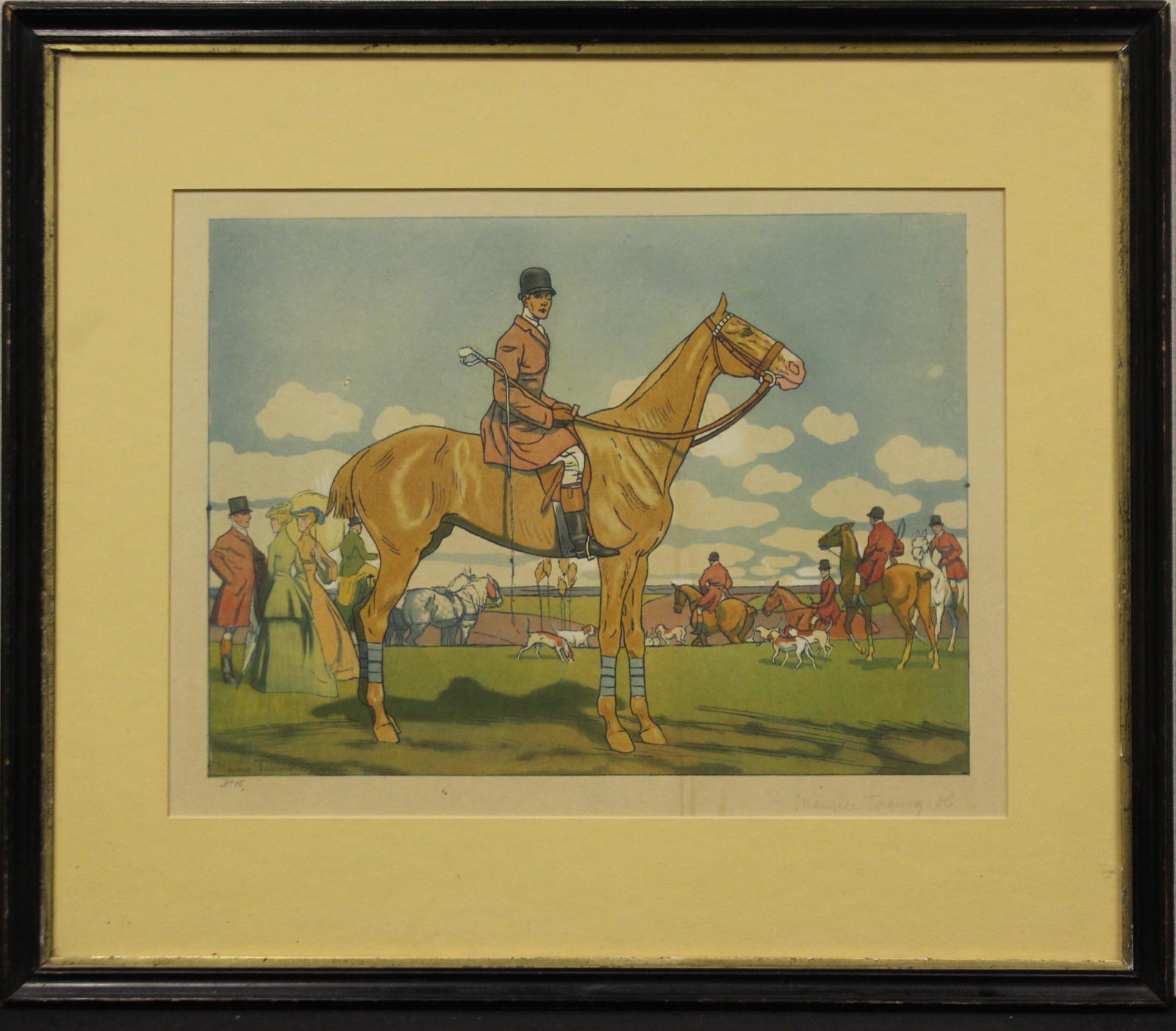 Classic hand-colour fox-hunt print No. 16 by Maurice Taguay 
c1905

Art Sz: 13 1/4"H x 17 1/4"W

Frame Sz: 20 3/4"H x 24"W

Born in the Marne region, Maurice Taquoy (1878-1952) spent much of his life in and around Paris, mostly in elegant company