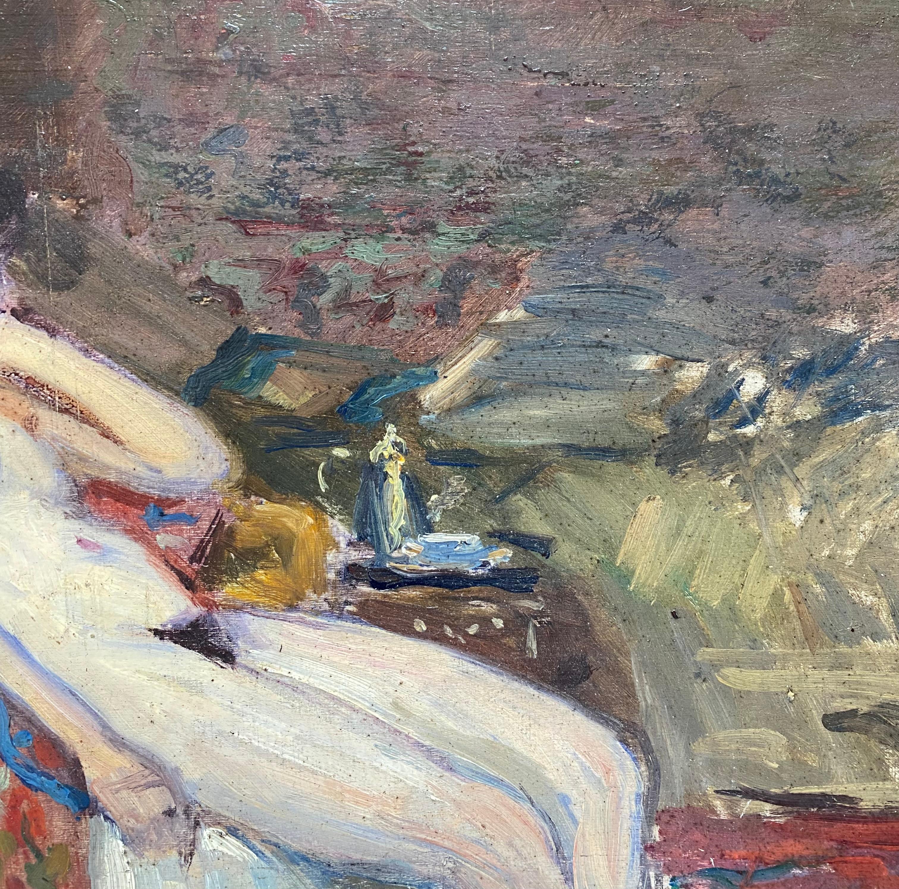 Female Nude In An Interior - Black Nude Painting by Maurice Tastemain