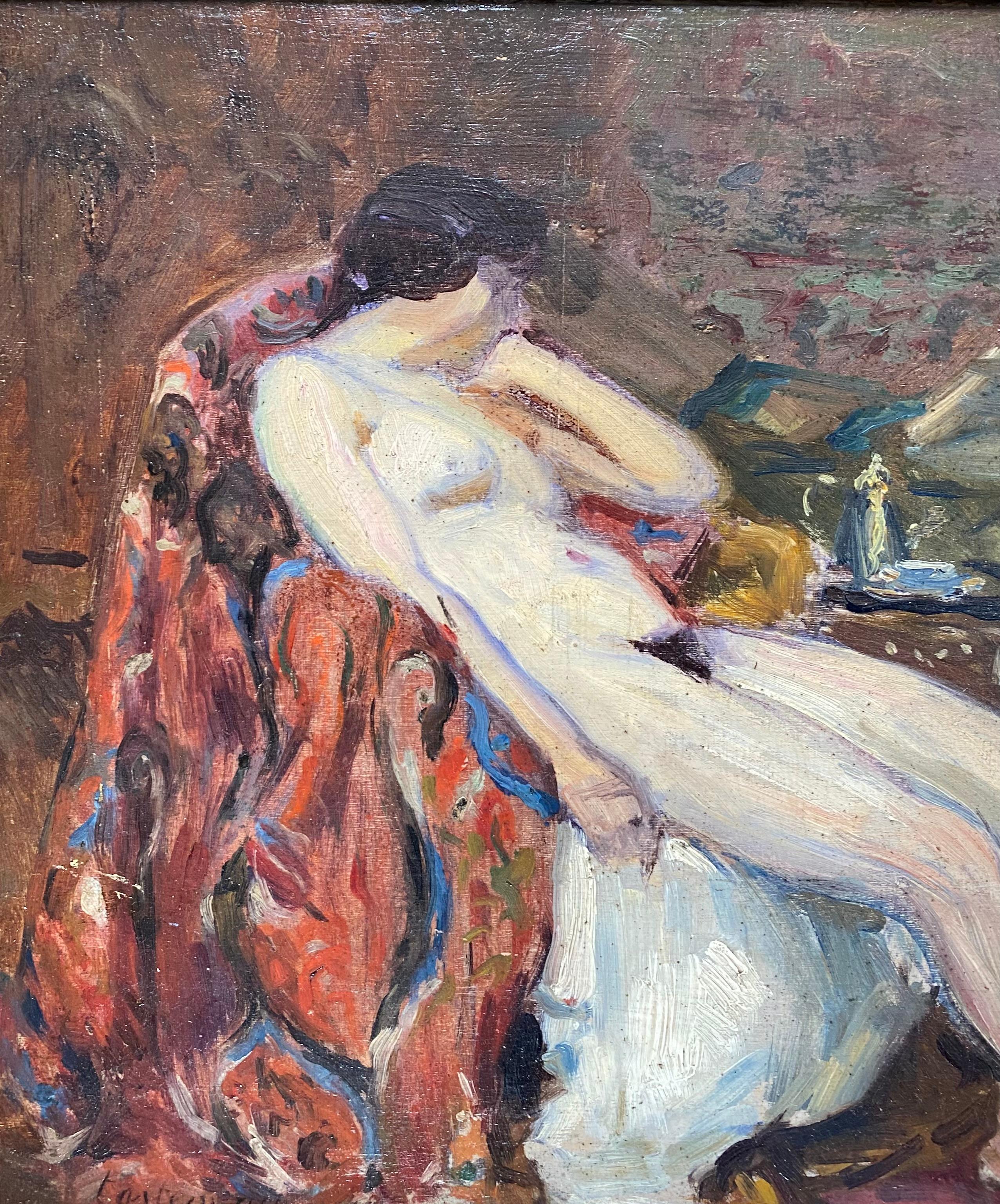 Maurice TASTEMAIN
Caen 1878 - Paris 1944

Female nude in an interior
Oil on panel
Signed lower left
32.5 x 41 cm panel
45 x 53 cm frame
good condition

A student of Ménégoz at the École des Beaux-Arts in Caen, and of Jules-Louis Rame, Tastemain left