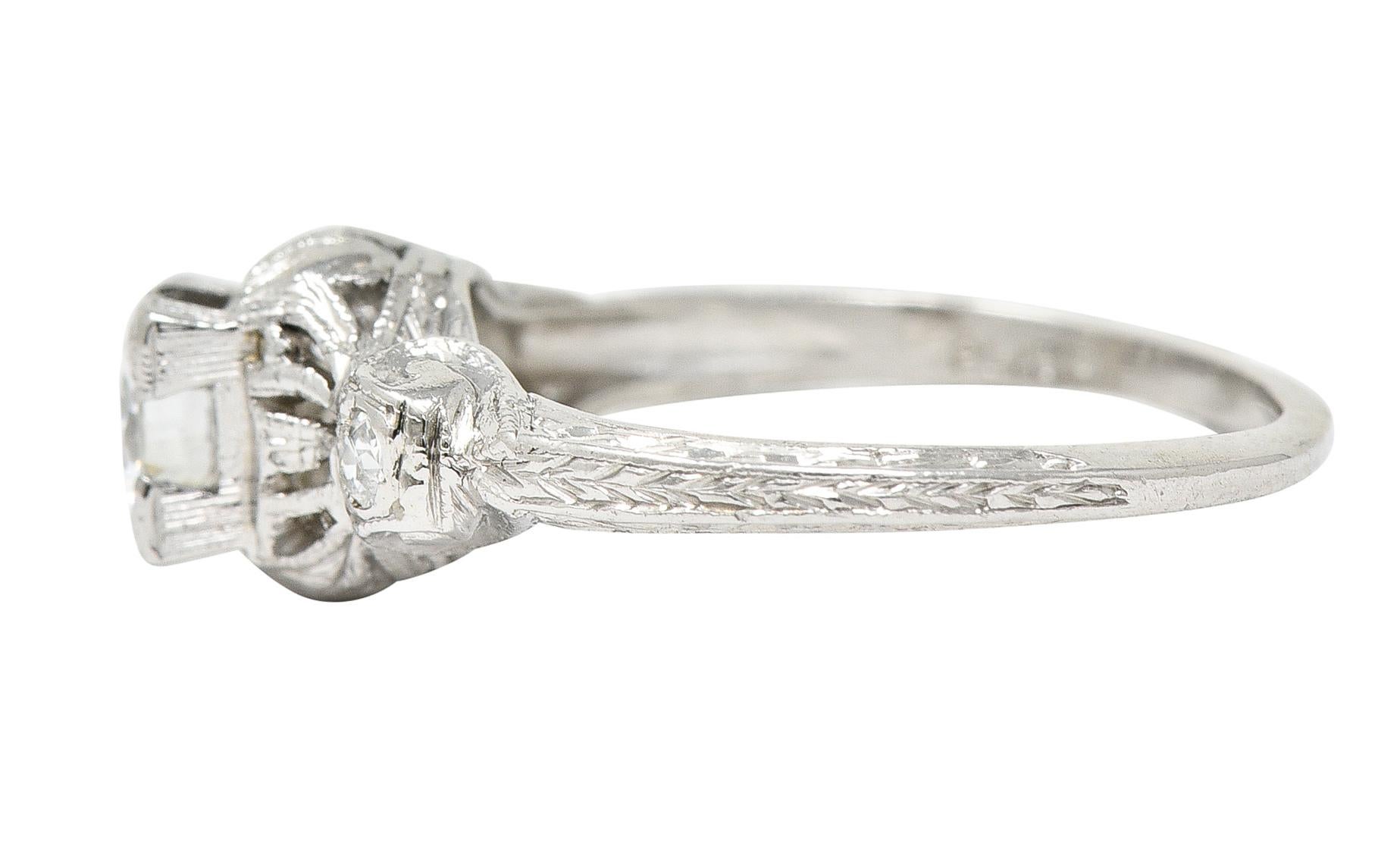 Brilliant Cut Maurice Tishman Art Deco 0.40 Carat Diamond Platinum Scrolled Engagement Ring For Sale